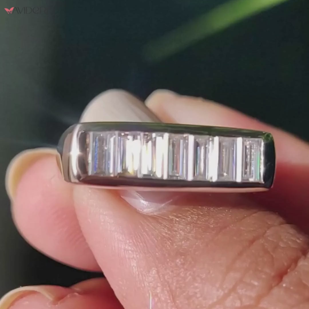 Moissanite wedding band delivers brilliant sparkle with eco-friendly beauty.
