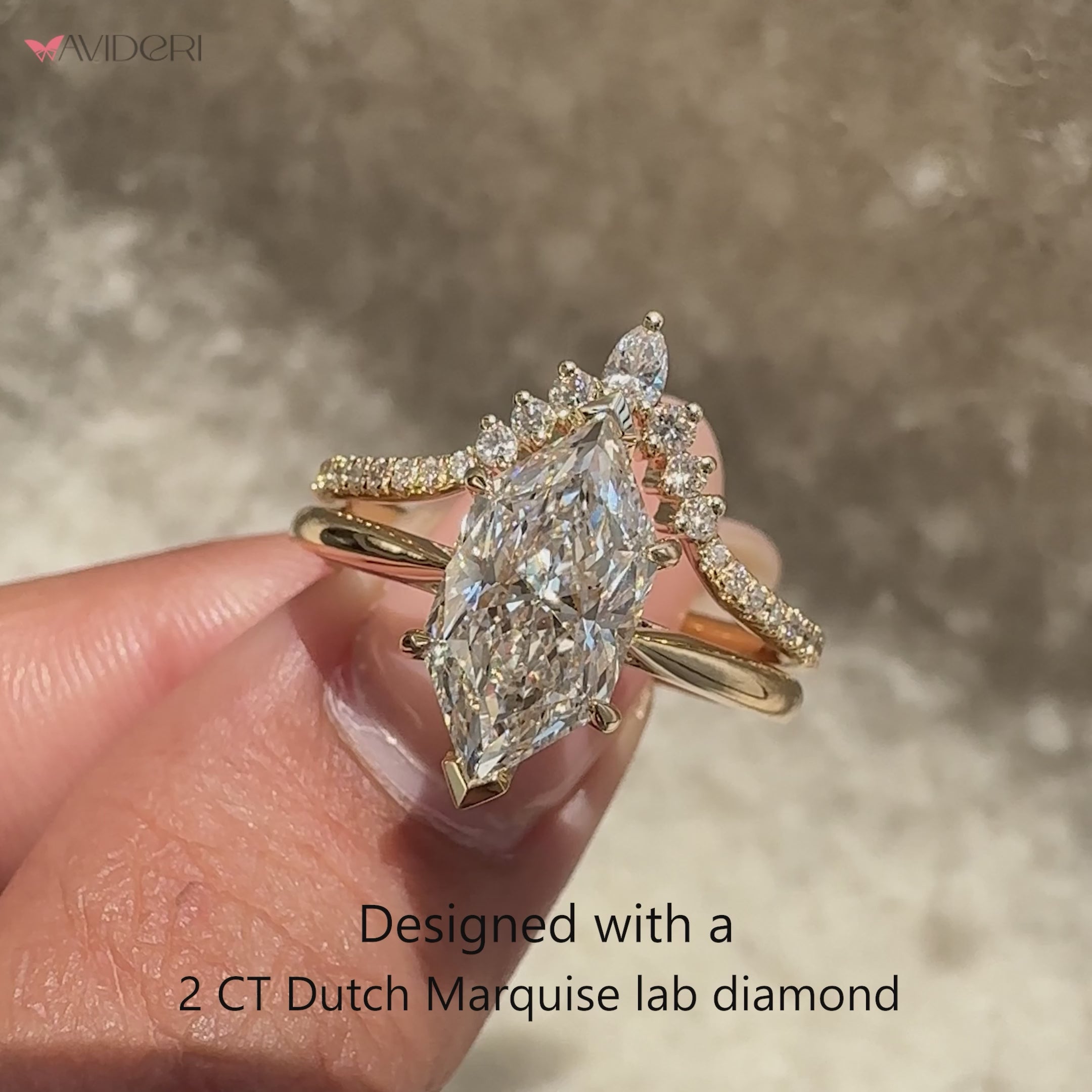 Pear and round diamond curved wedding band set.
