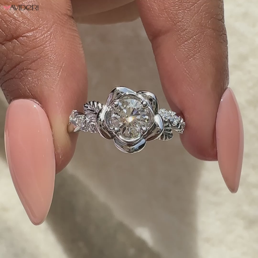 Avideri nature-inspired engagement ring with round diamond.
