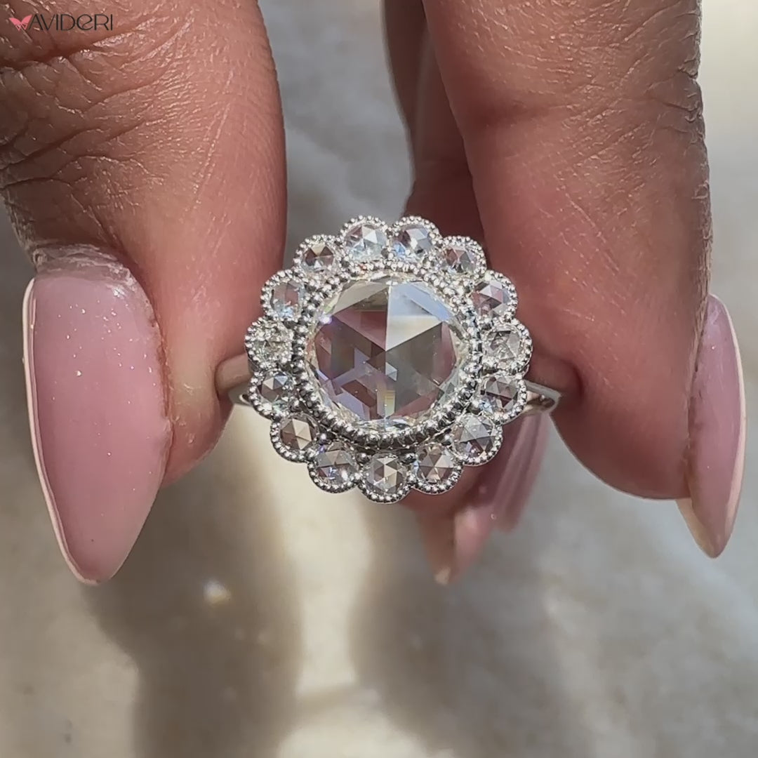Avideri Engagement Ring showcasing a round rose cut diamond with a halo setting.