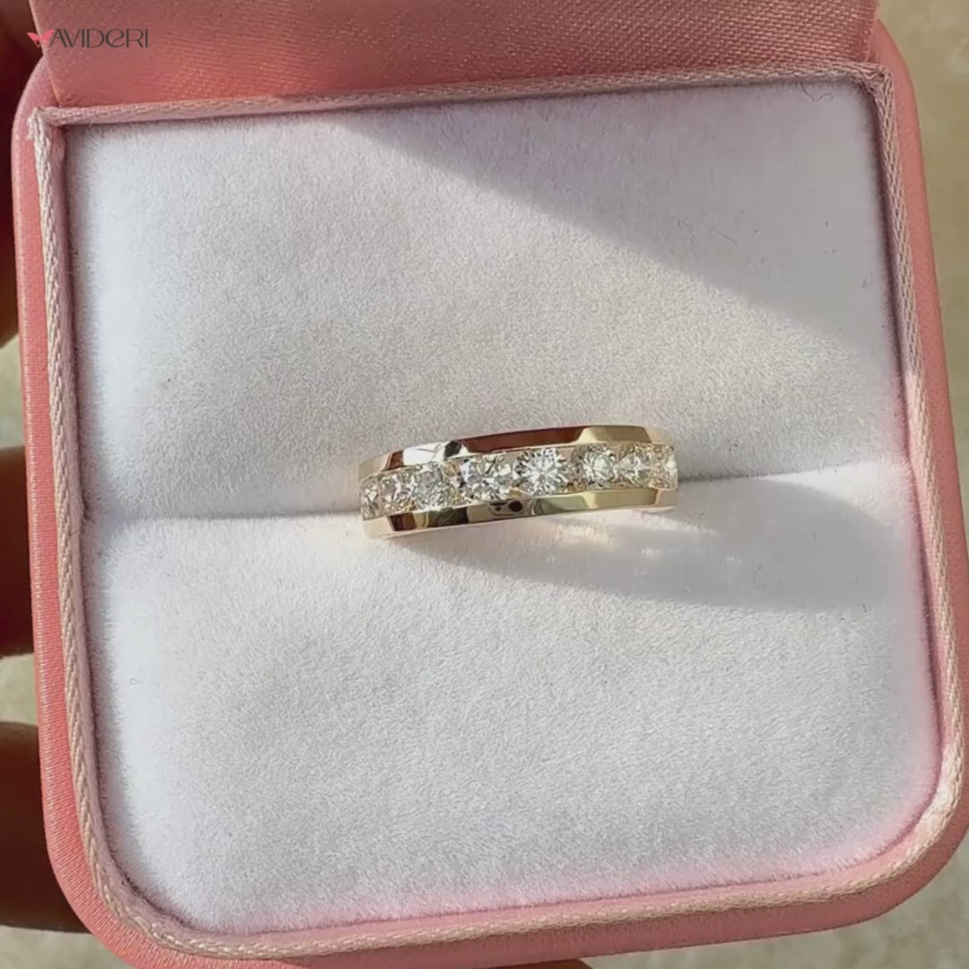 Customizable channel set wedding band for tailored style.