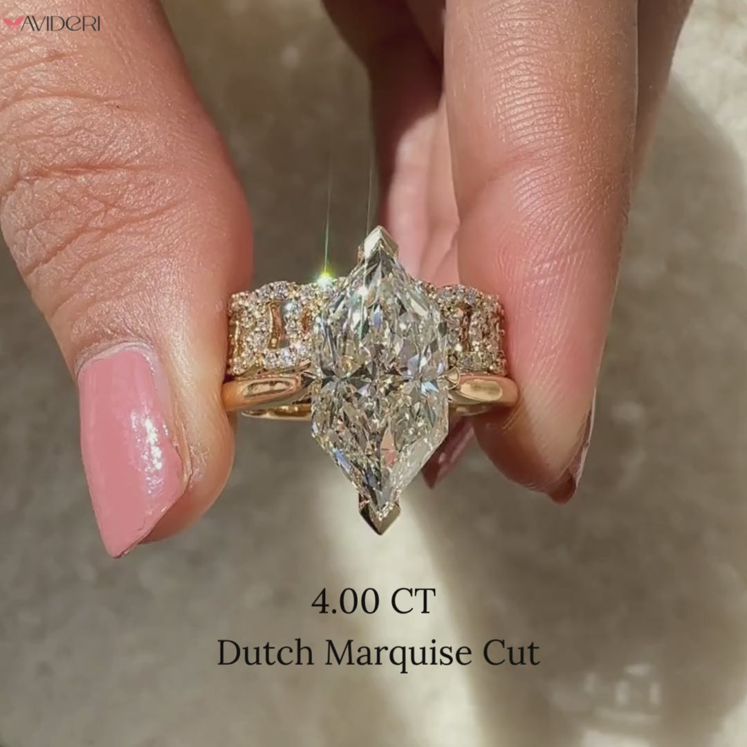 Avideri bridal set with hidden halo diamond and yellow gold band.