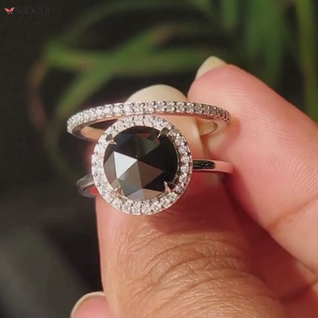Moissanite bridal ring sets with a round rose cut moissanite engagement ring