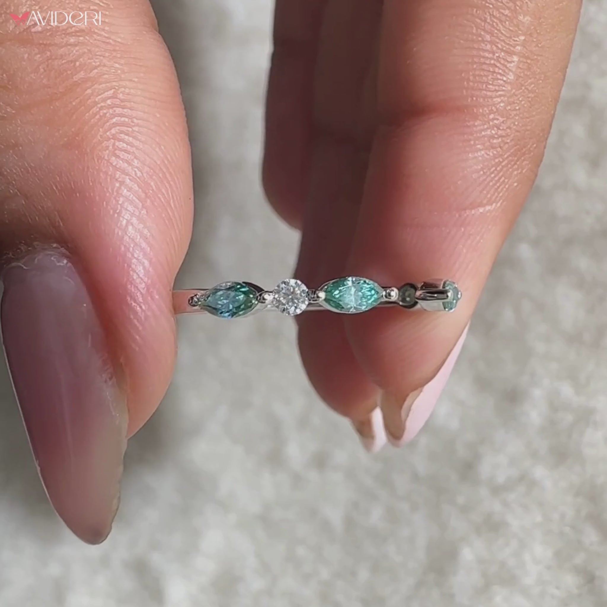 Cyan Blue Rose Gold Moissanite Wedding Band