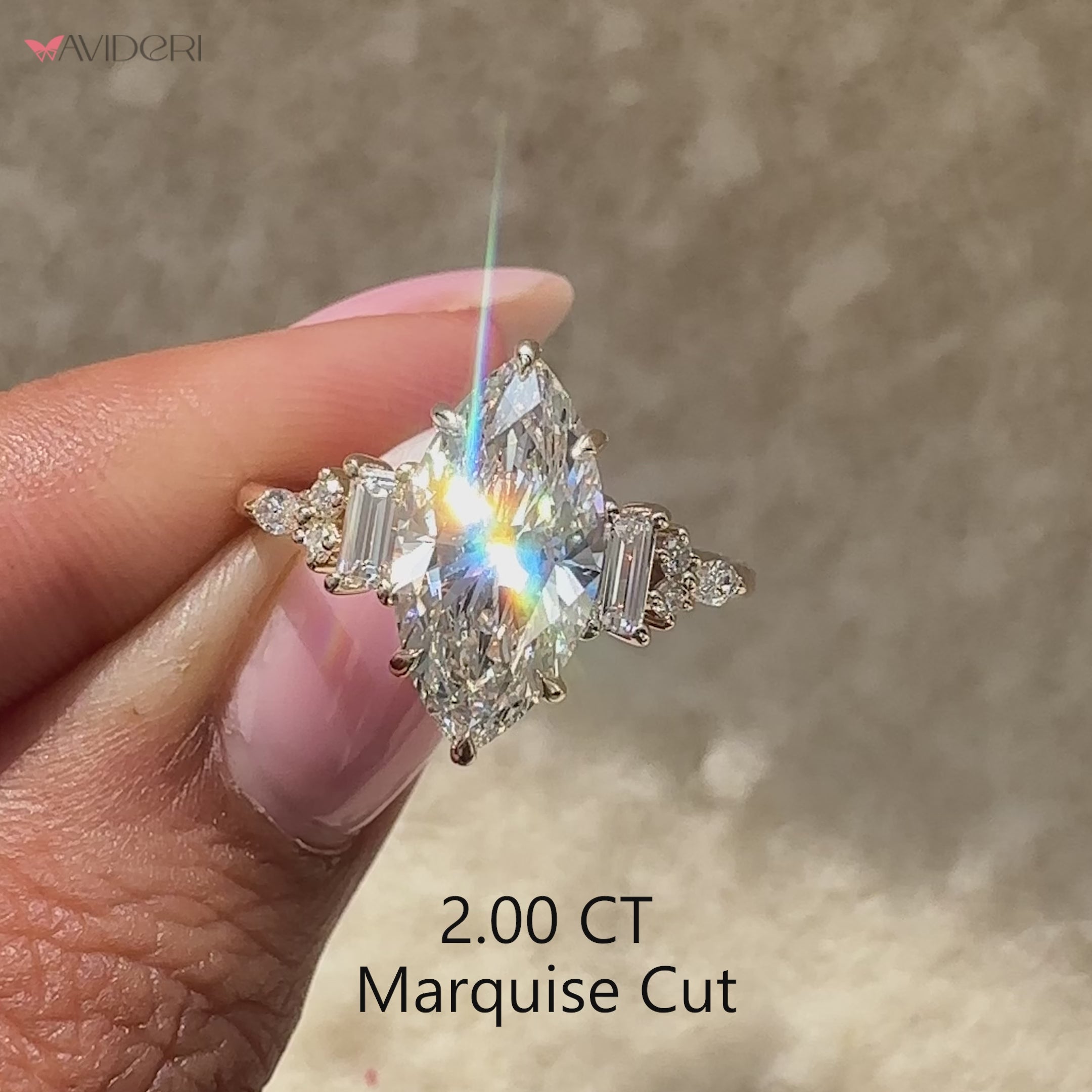 Marquise engagement ring with baguette side stones.