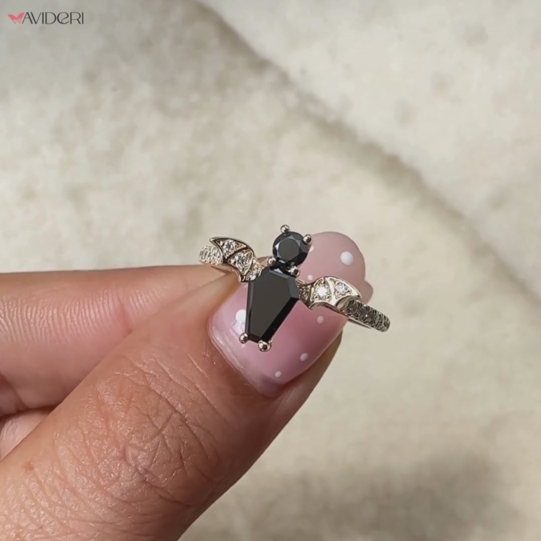 Bat Black Coffin Ring With Pave Setting