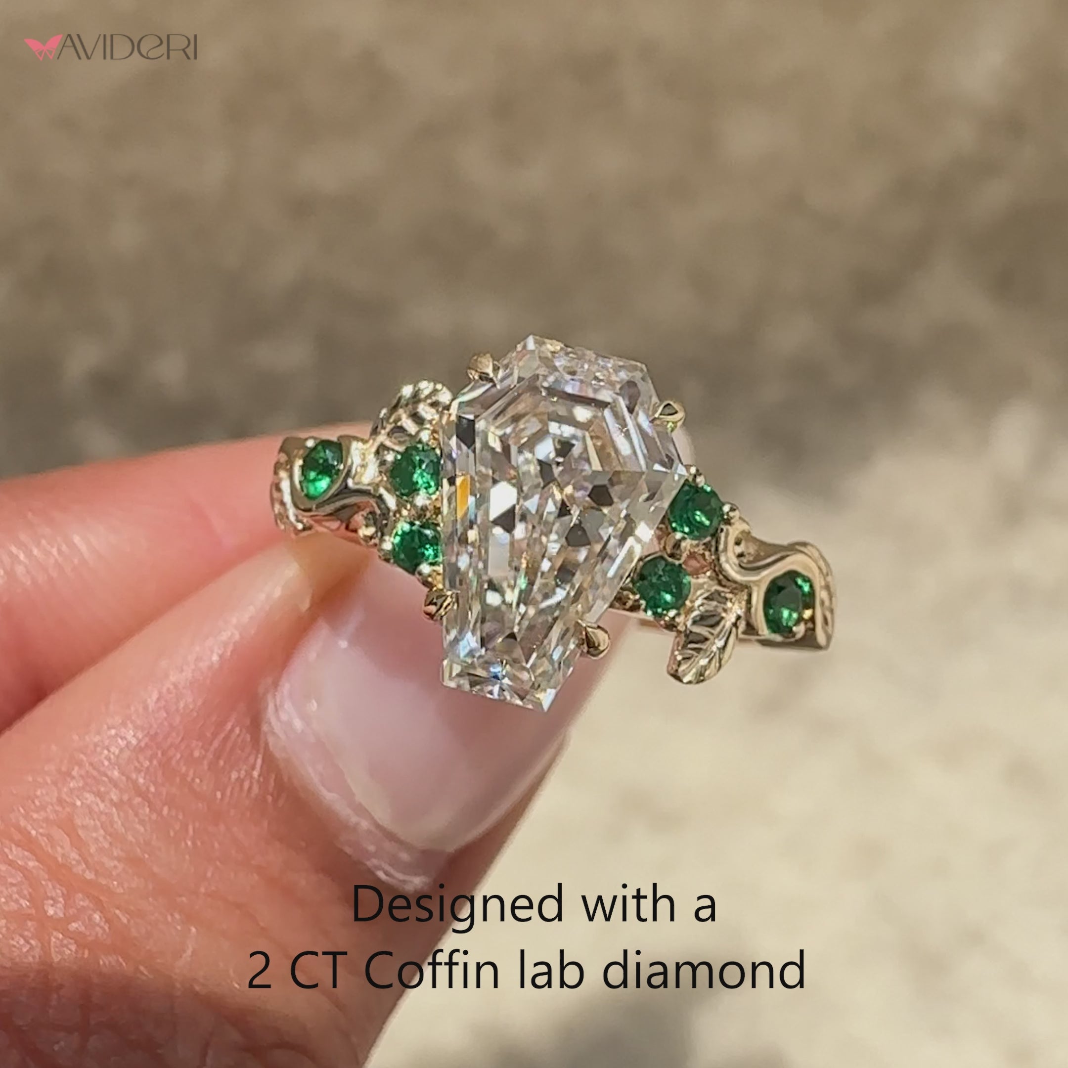 Coffin Cut lab grown diamond ring.
