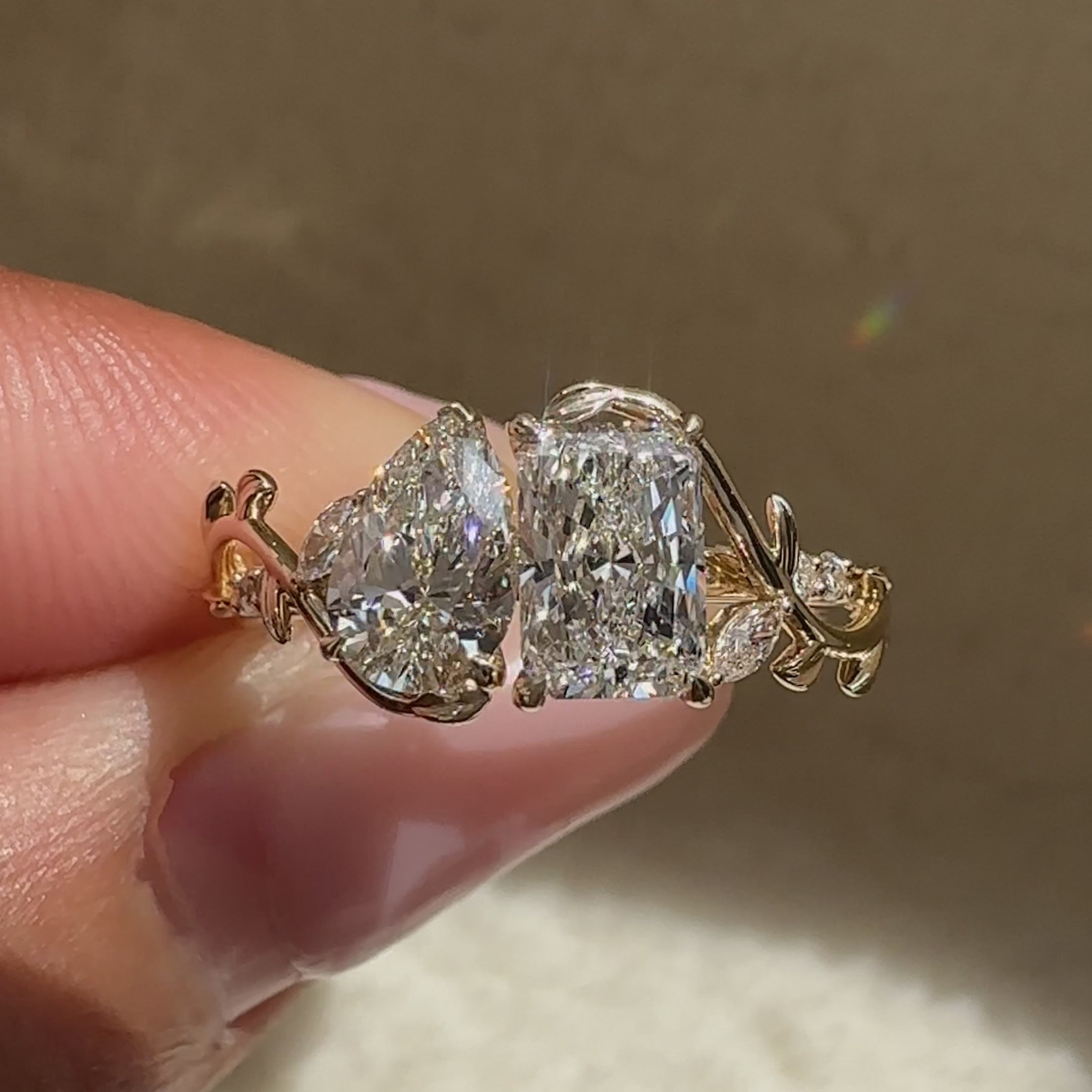 Handmade nature inspired toi et moi diamond ring.
