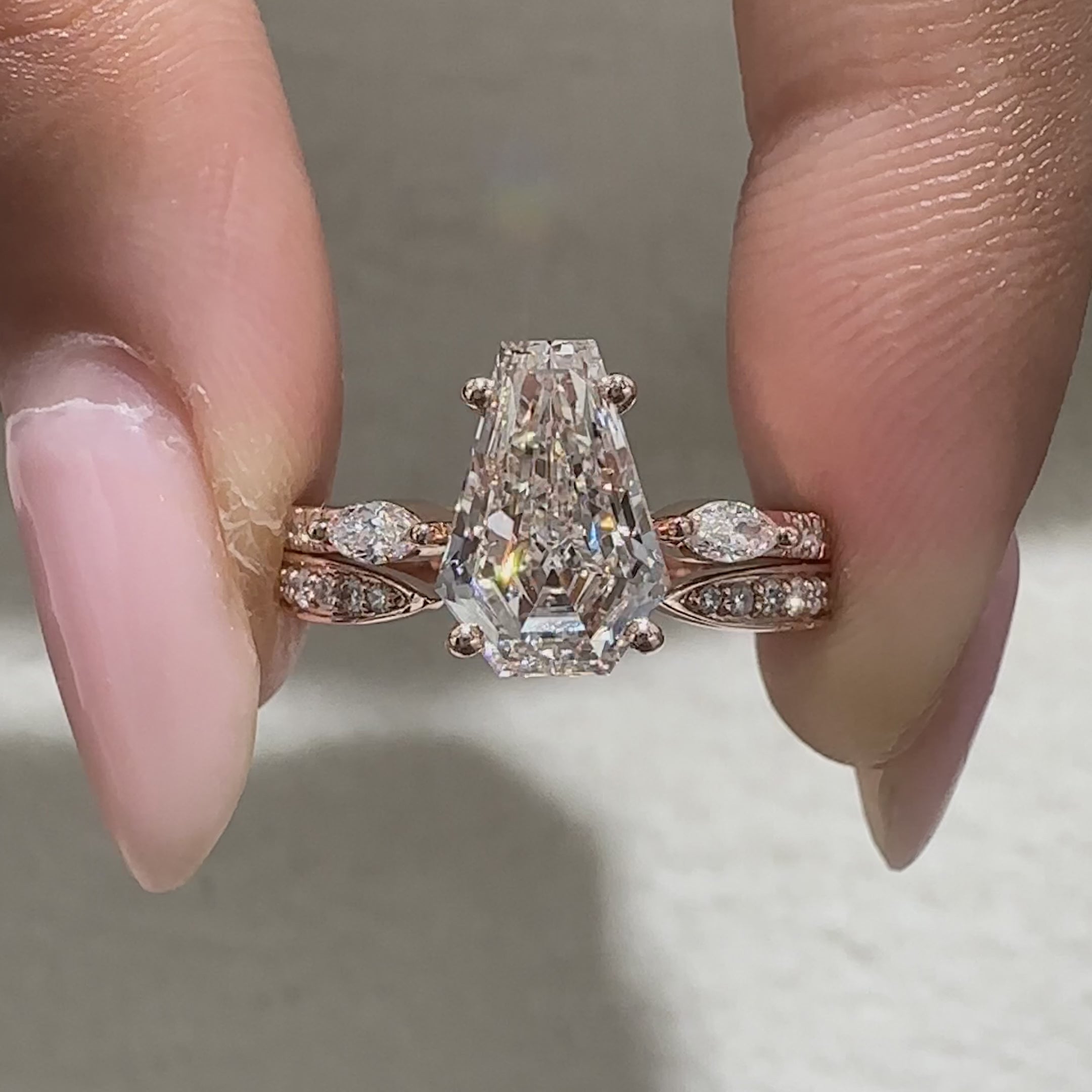 Handmade lab grown coffin diamond ring with pave.
