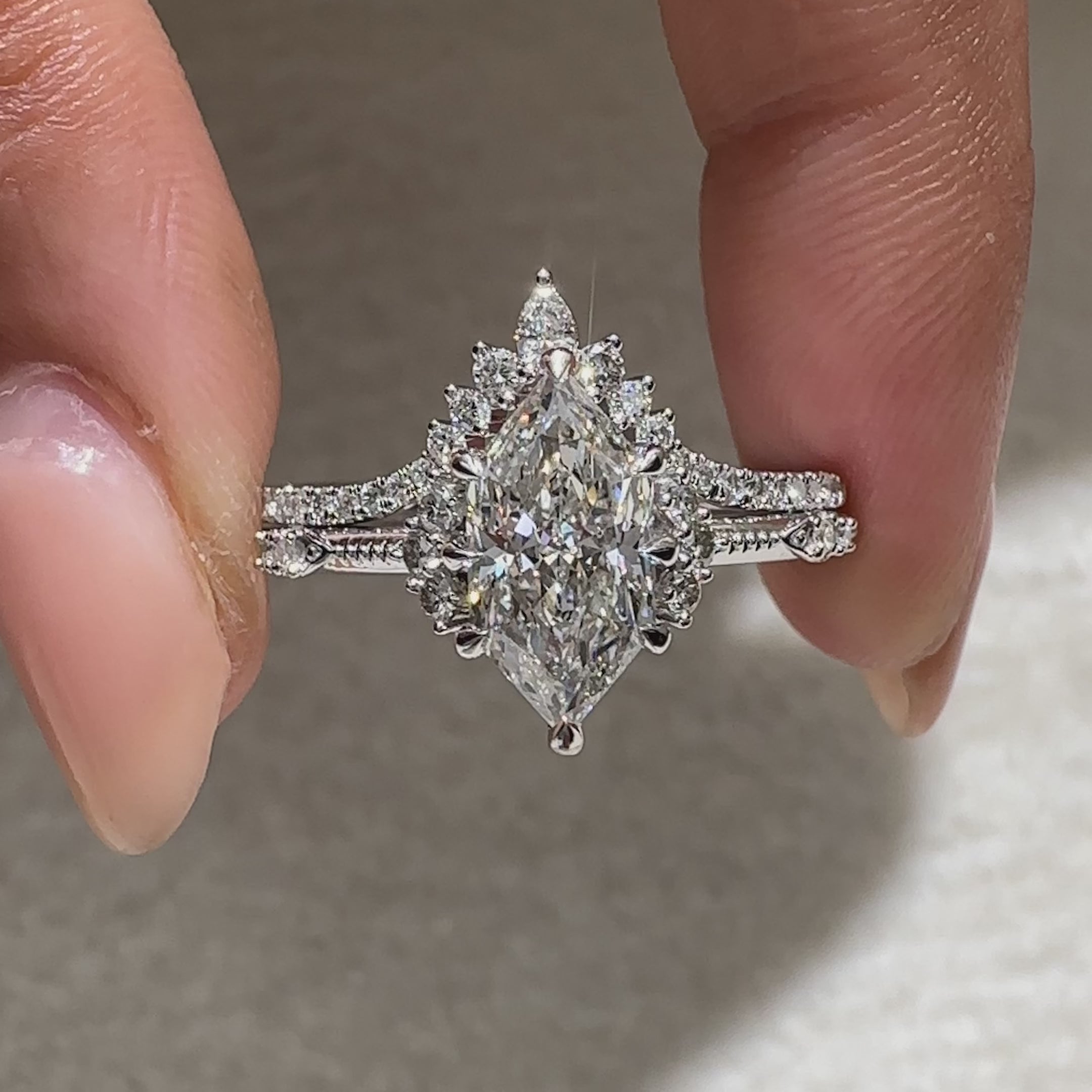 Handmade diamond wedding set with vintage inspired milgrain details
