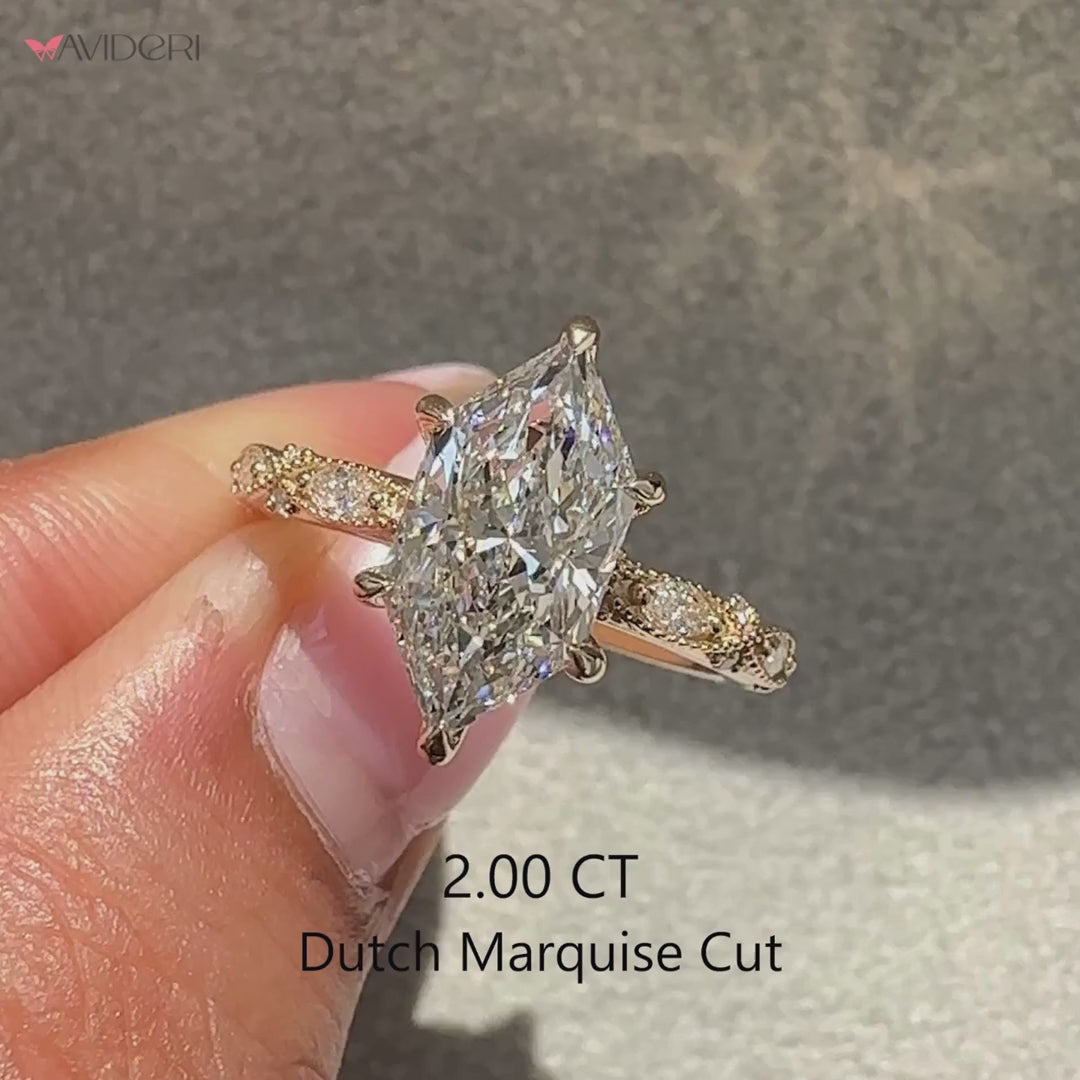 Lab grown dutch marquise diamond ring with vintage look.
