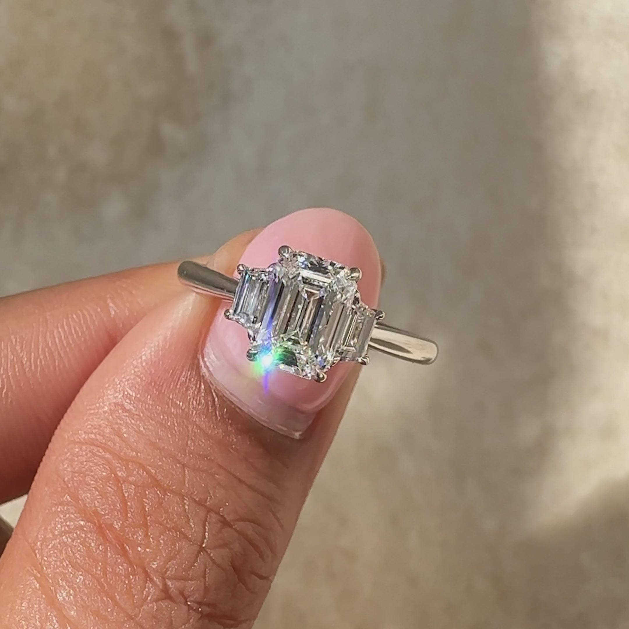 White gold 3 stone engagement ring with handmade craftsmanship and Avideri design.