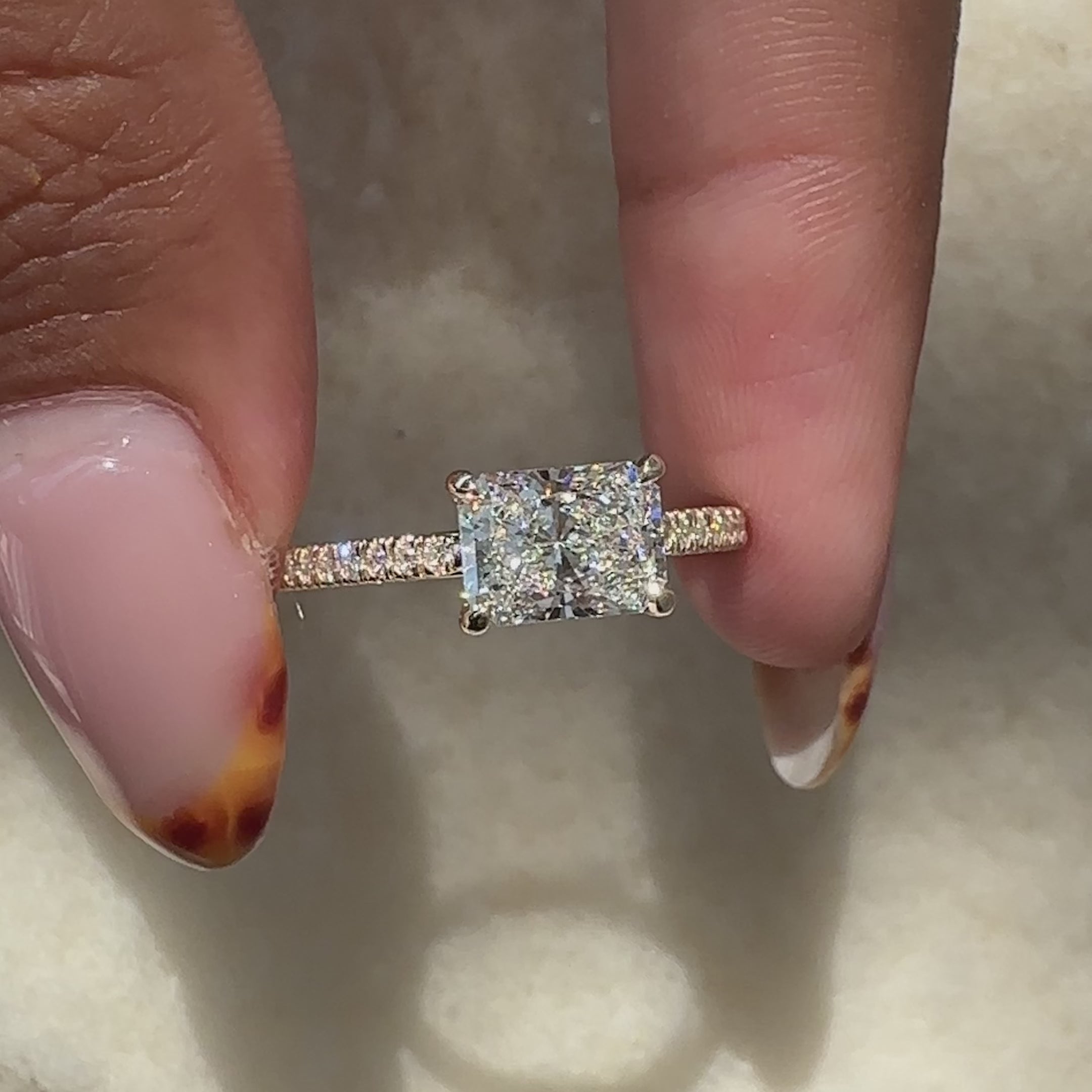 Avideri engagement ring featuring radiant cut Lab Grown Diamond.