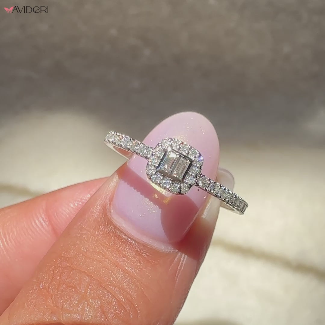 unique gift for her with handmade baguette and round lab diamond ring.