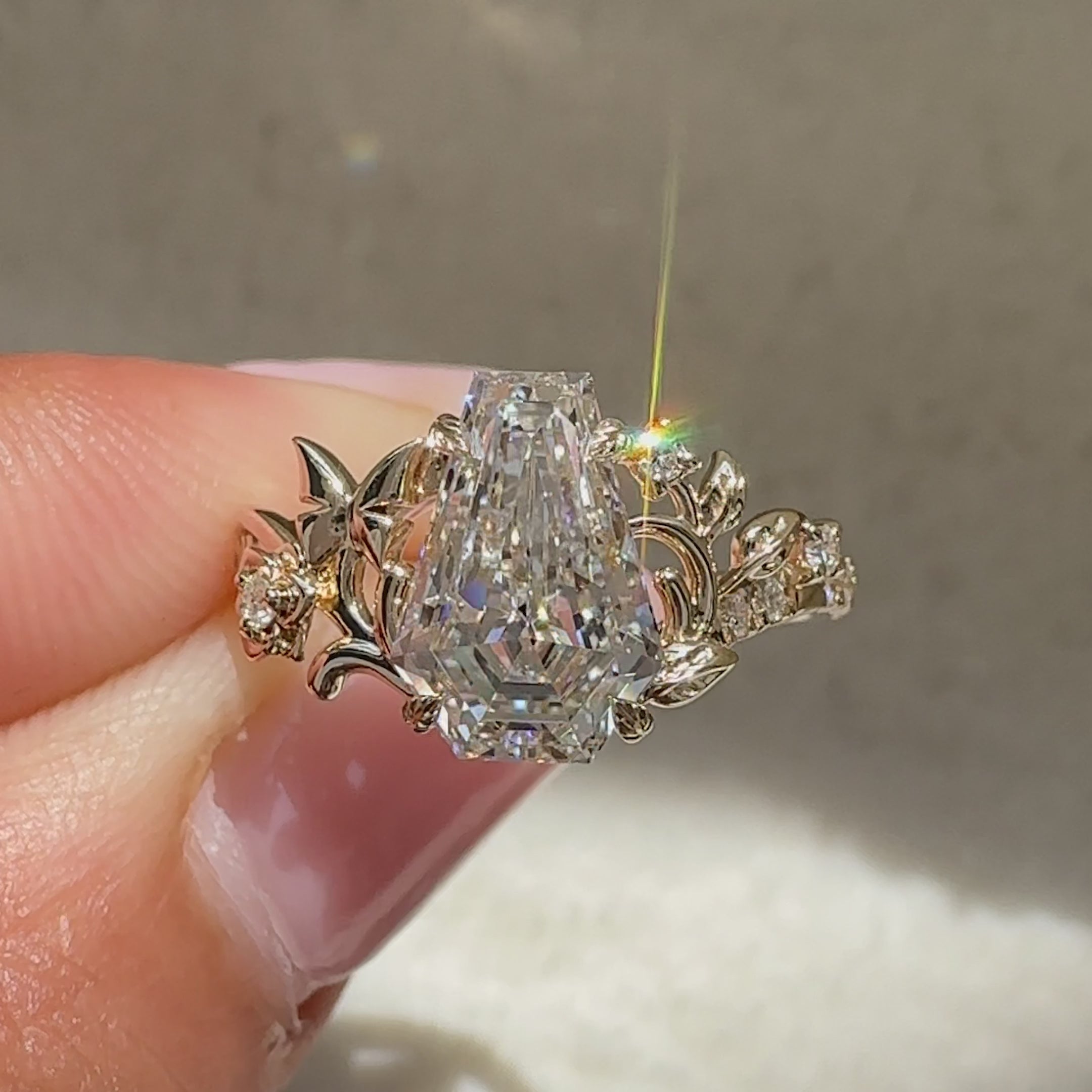 Handmade lab grown coffin diamond ring.
