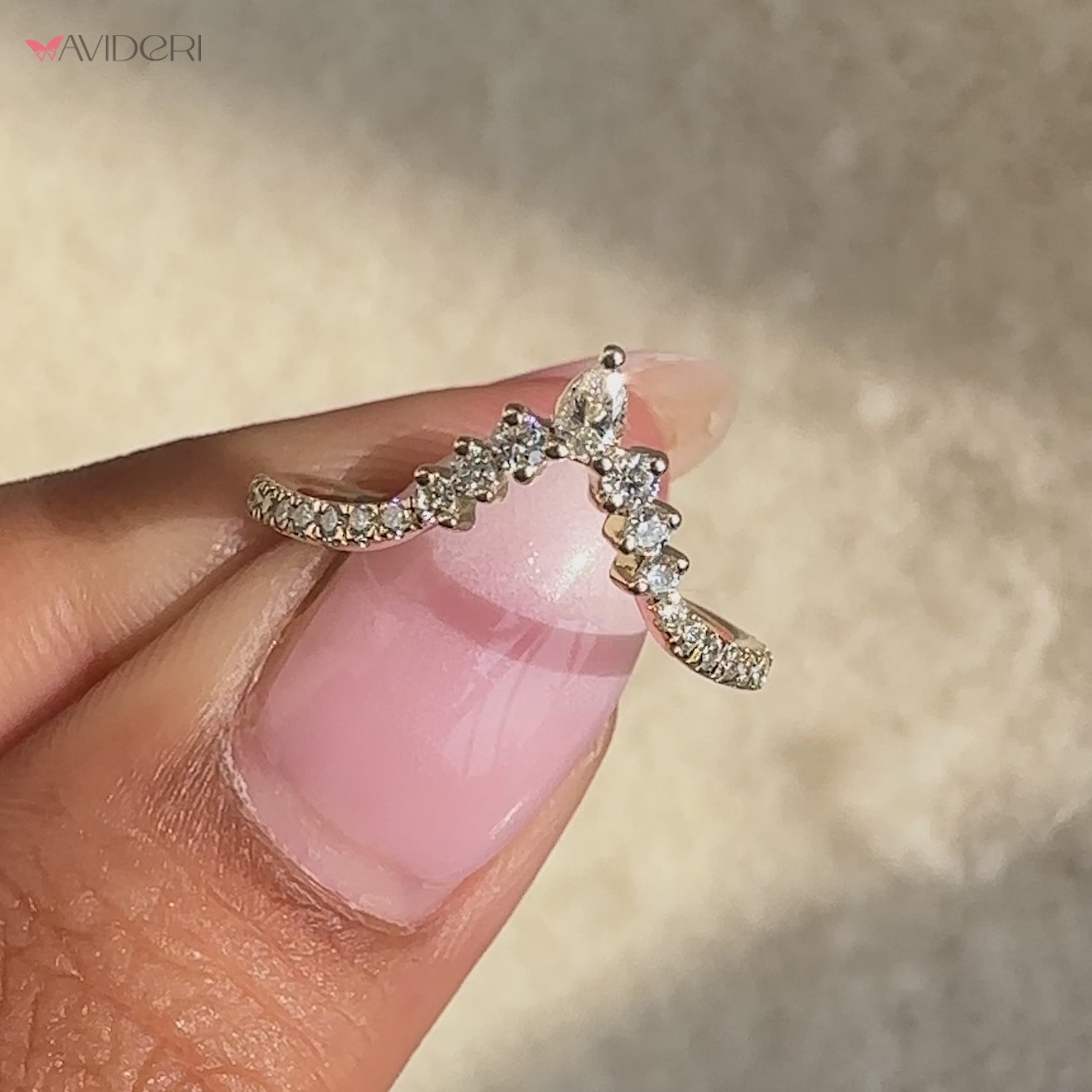 Stackable chevron wedding band in yellow gold.