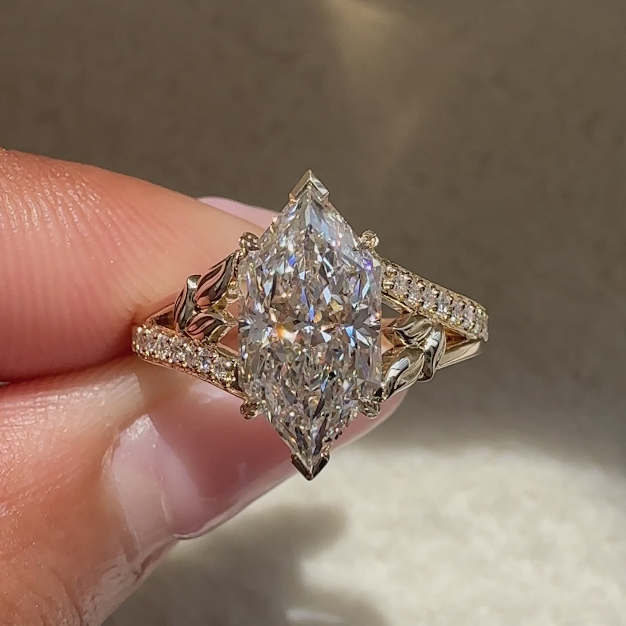Dutch marquise ring with V and leaf style prongs.
