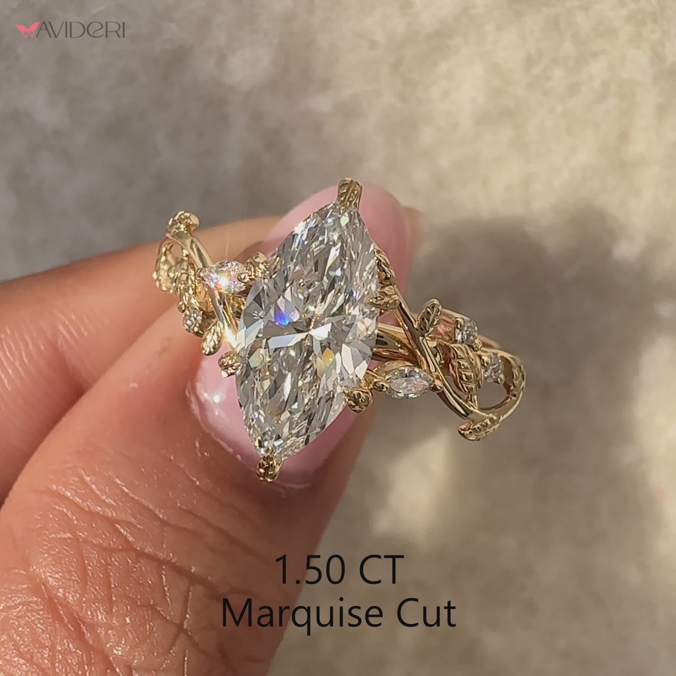 Lab grown marquise cut diamond ring nature inspired.
