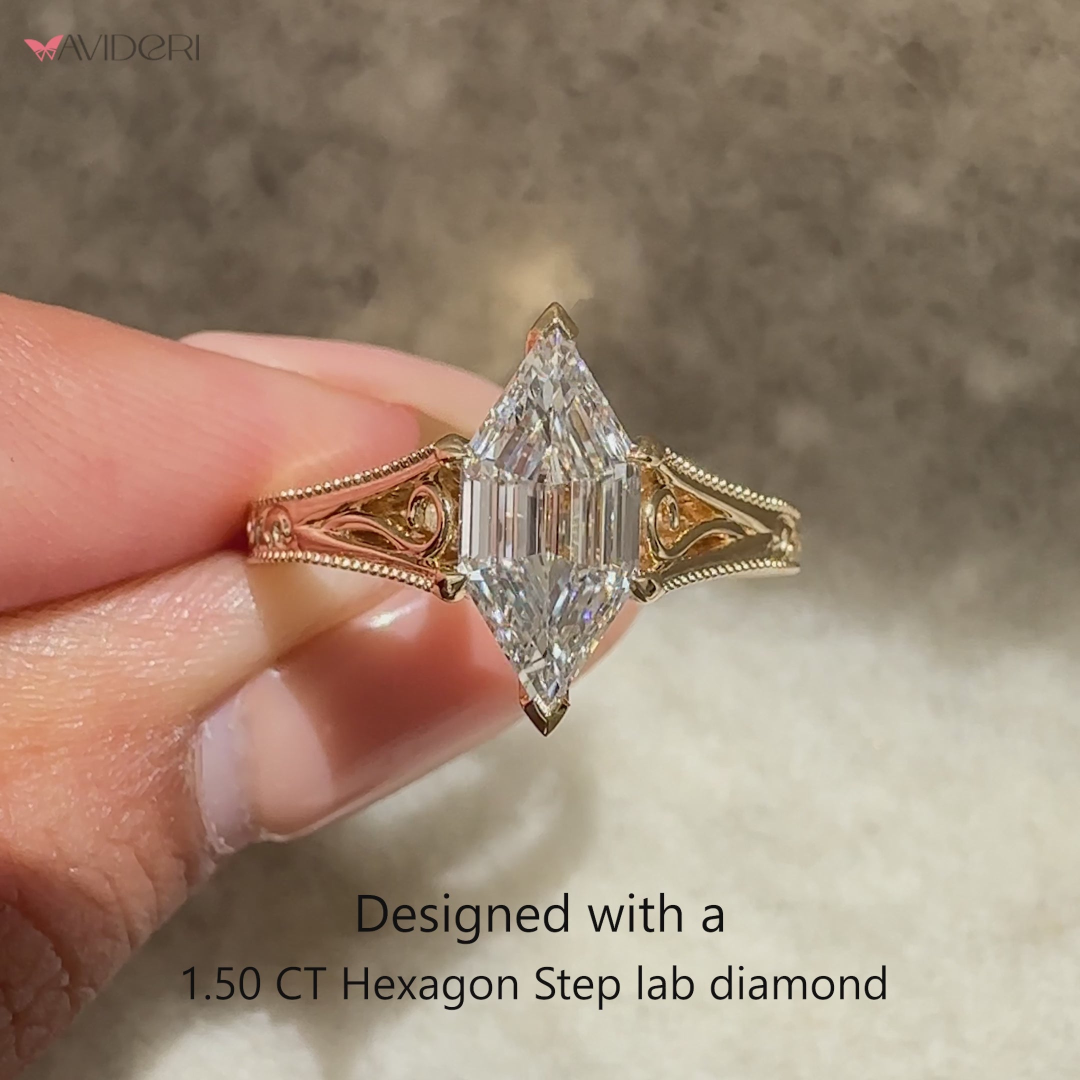 Vintage hexagon diamond ring with engraved band.
