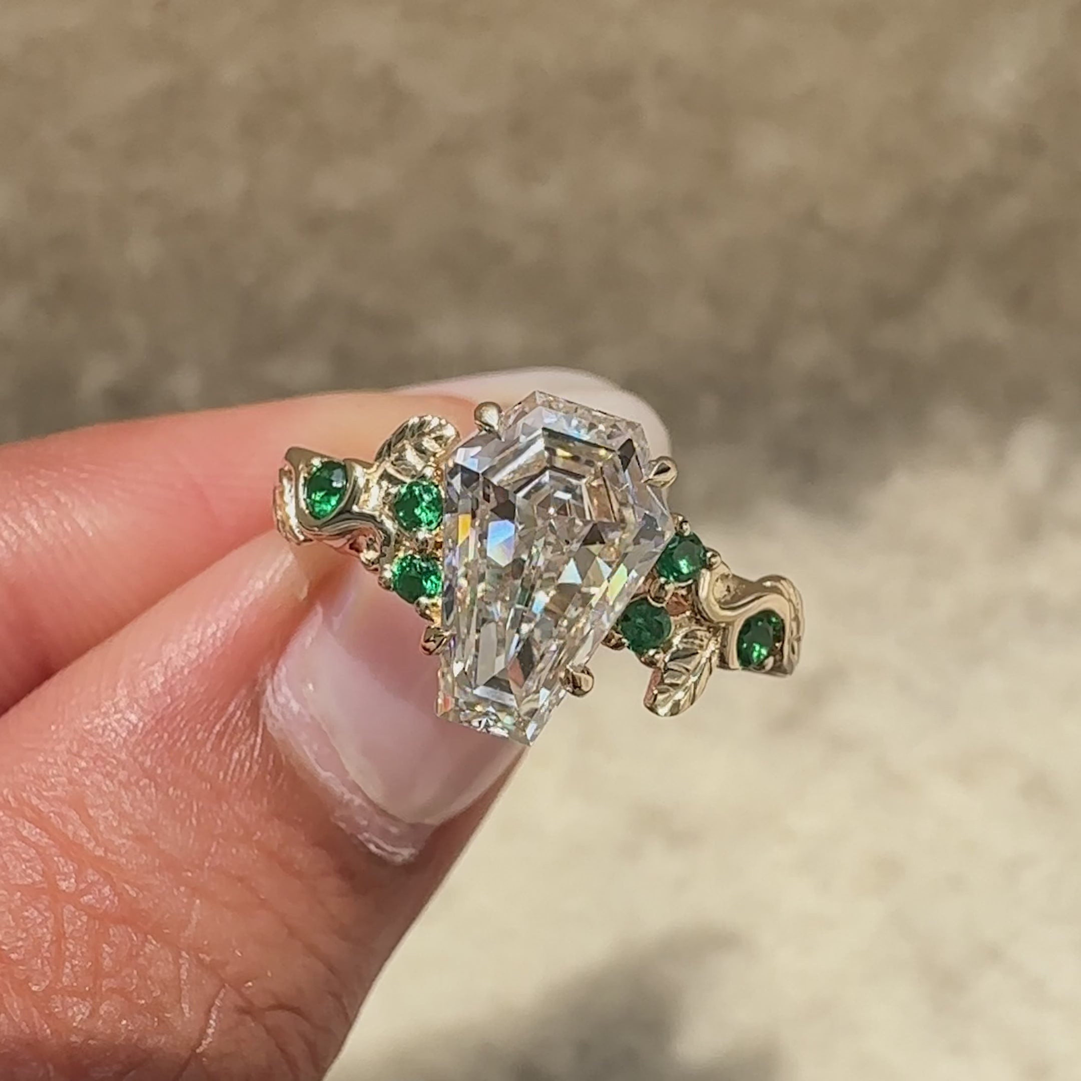 Coffin Cut lab grown diamond ring.
