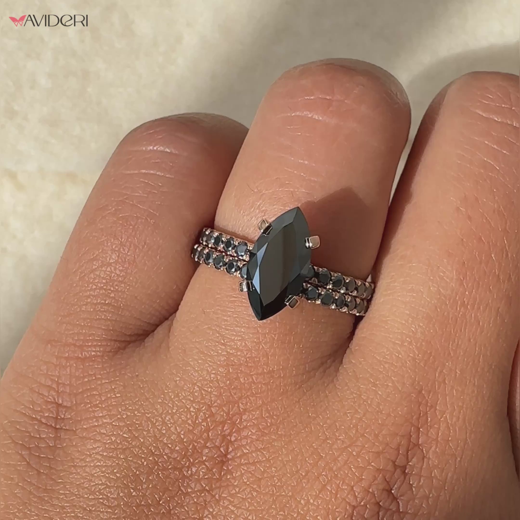 Black moissanite ring featuring a marquise shape for bold, dramatic style.