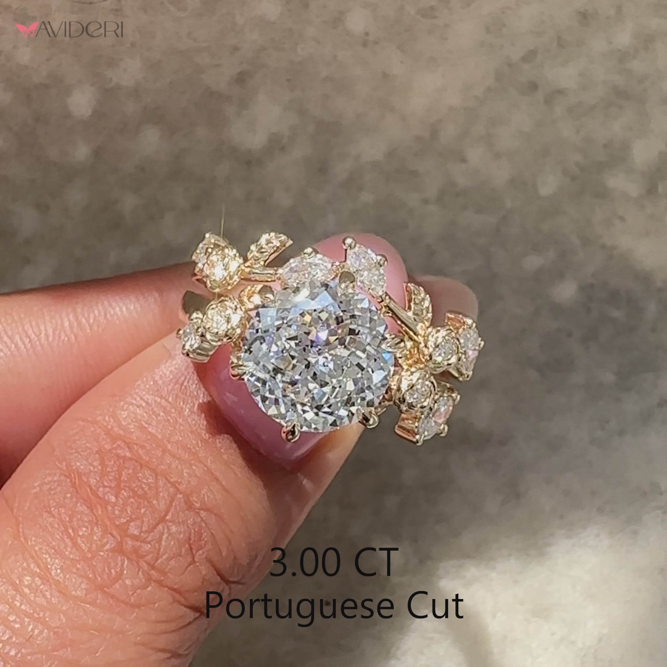 Portuguese cut lab grown diamond ring paired with curved marquise band
