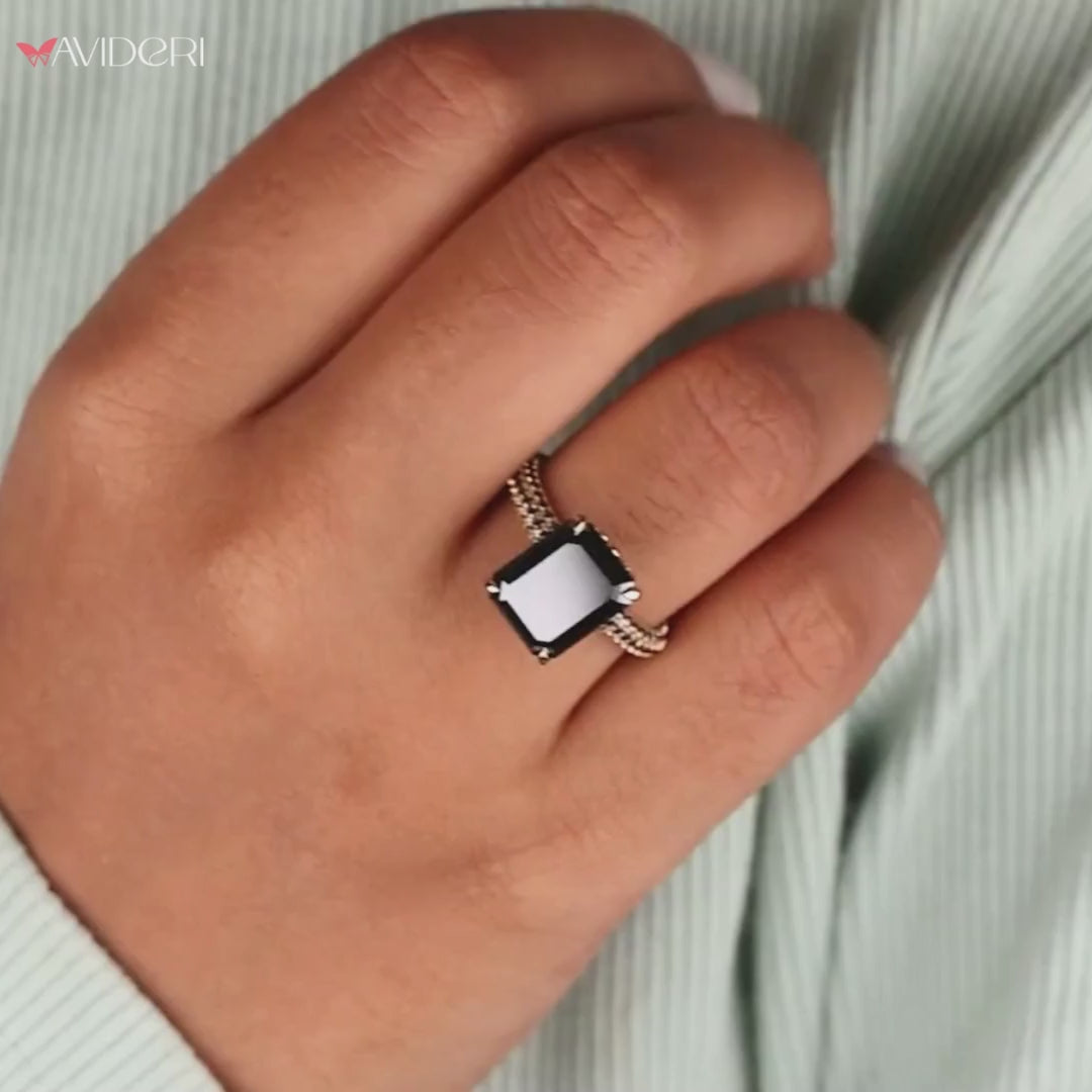 Gold emerald cut ring, round engagement ring, handmade jewelry

