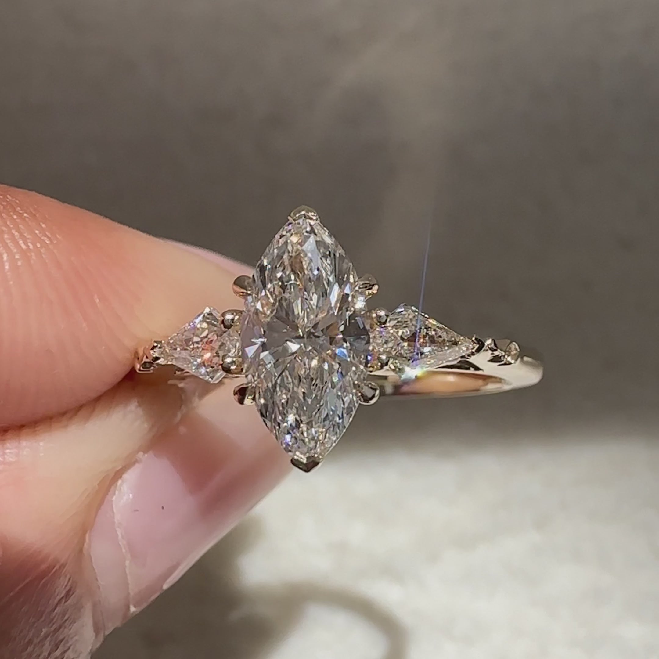 Cathedral shank marquise diamond ring handmade.
