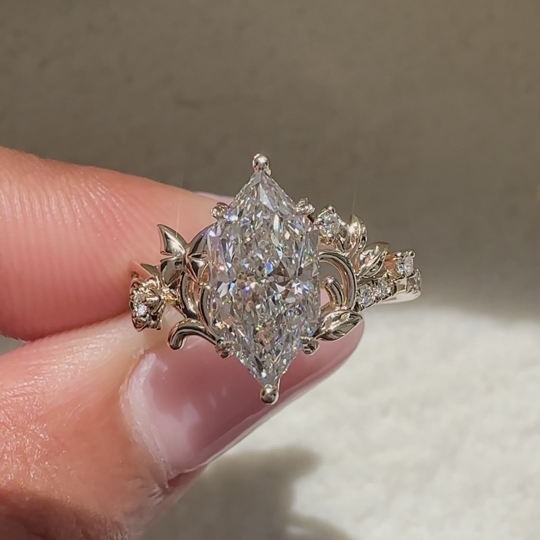 Pave Dutch marquise diamond ring with flowers.
