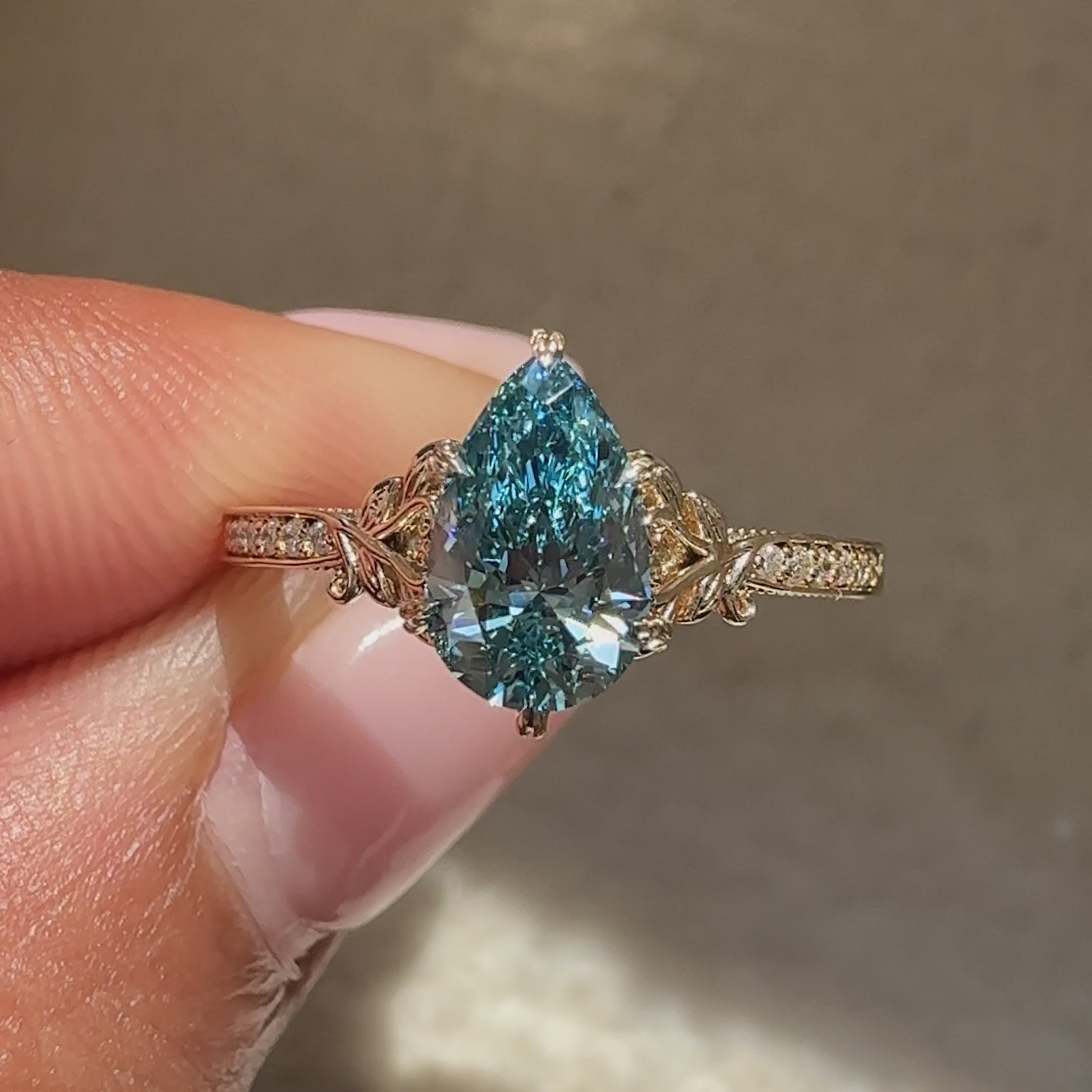 Handmade blue pear diamond ring by Avideri.
