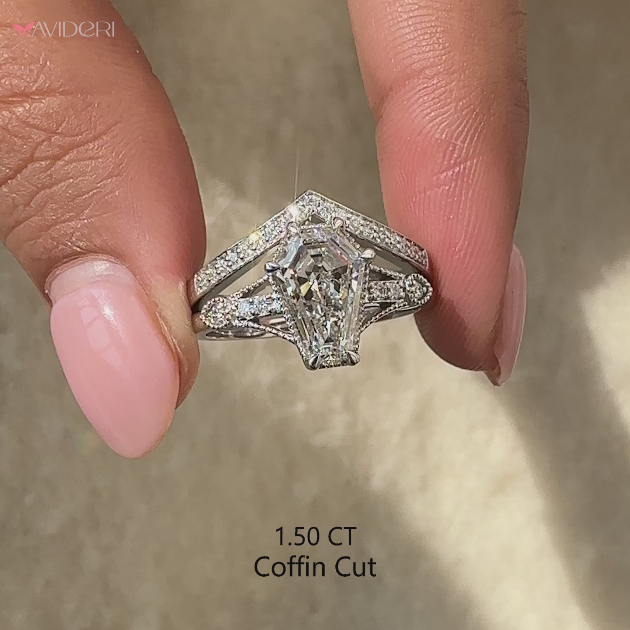 Lab grown diamond coffin cut ring with handmade curved bridal band.