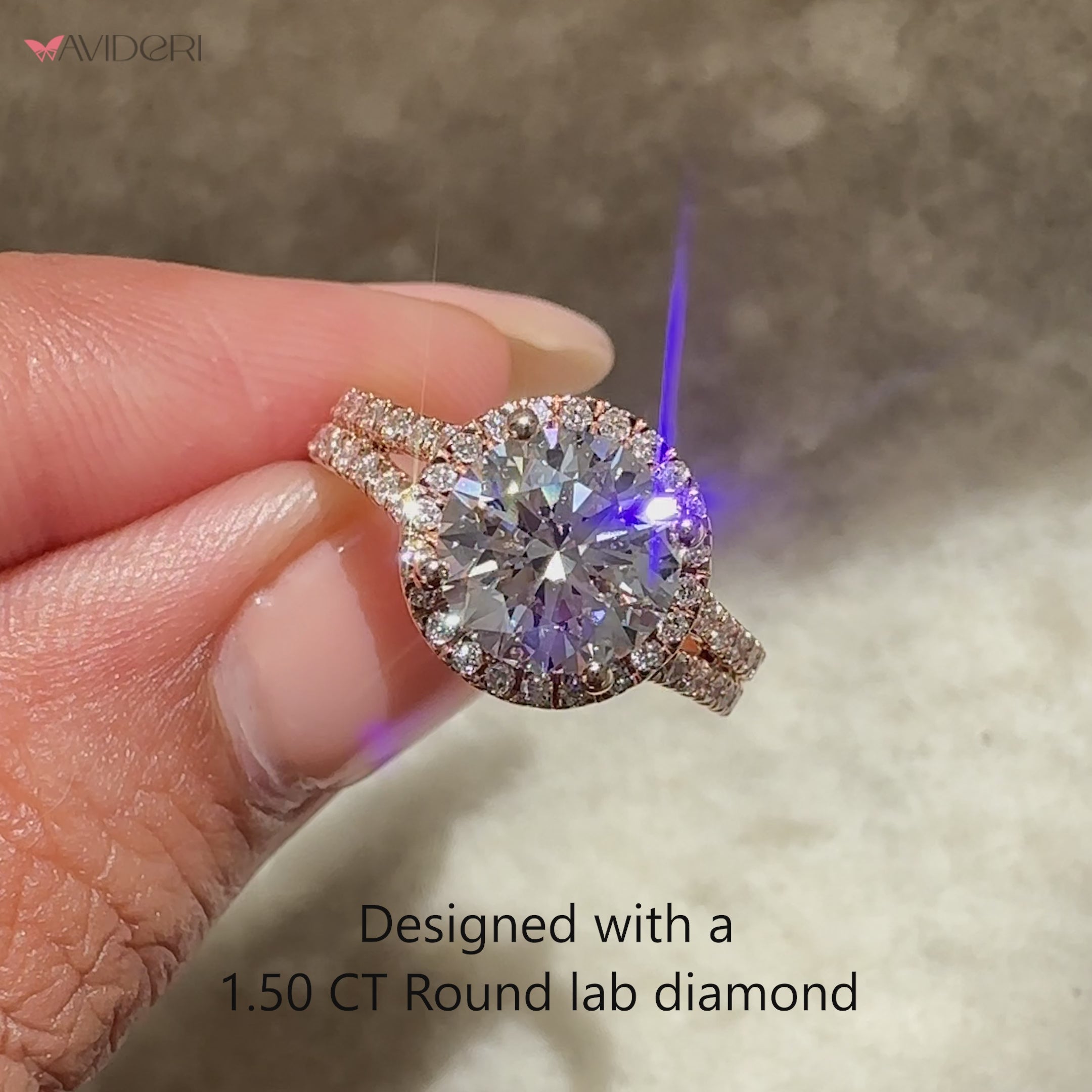 Lab grown round diamond halo ring.
