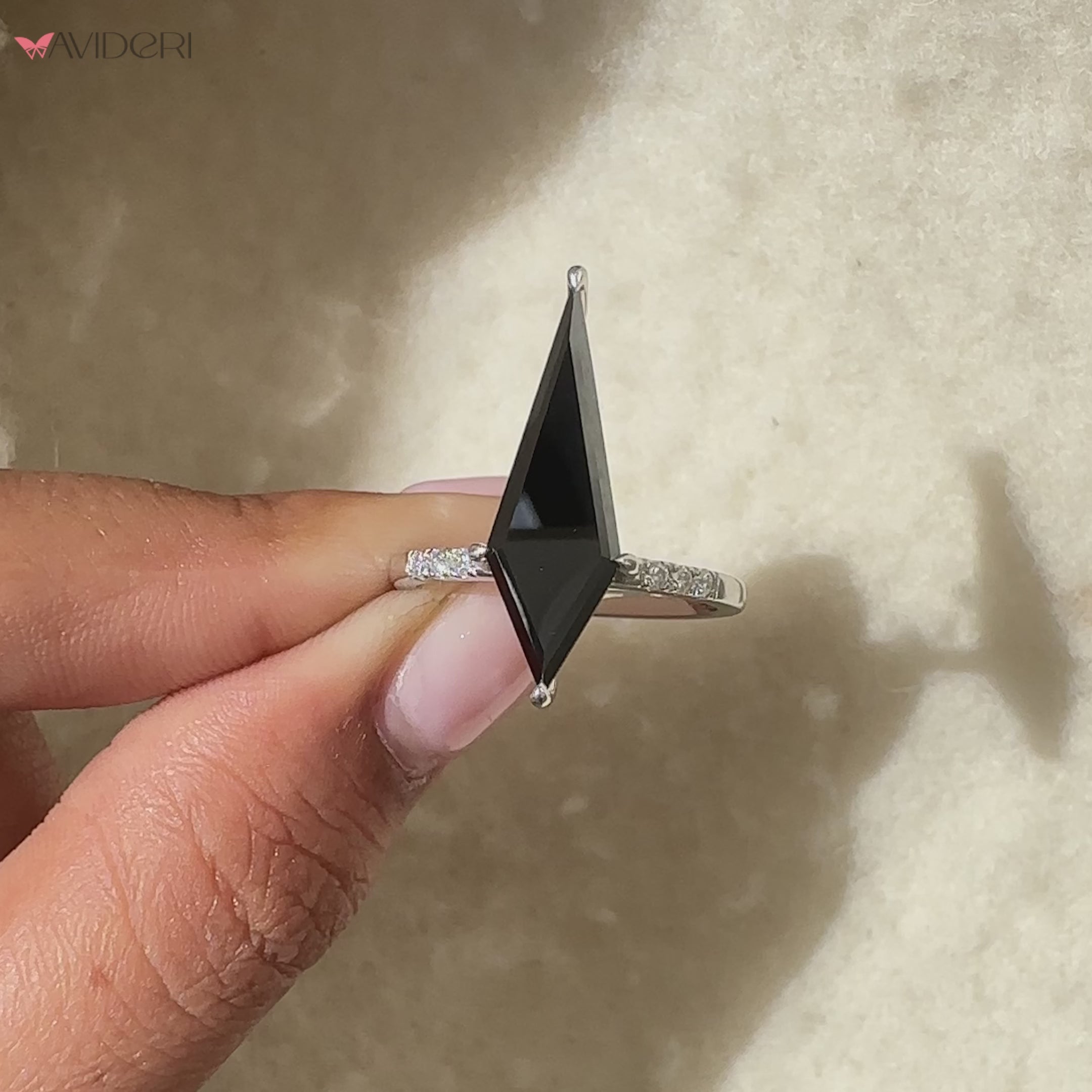 Kite Cut Moissanite Engagement Ring in White Gold.