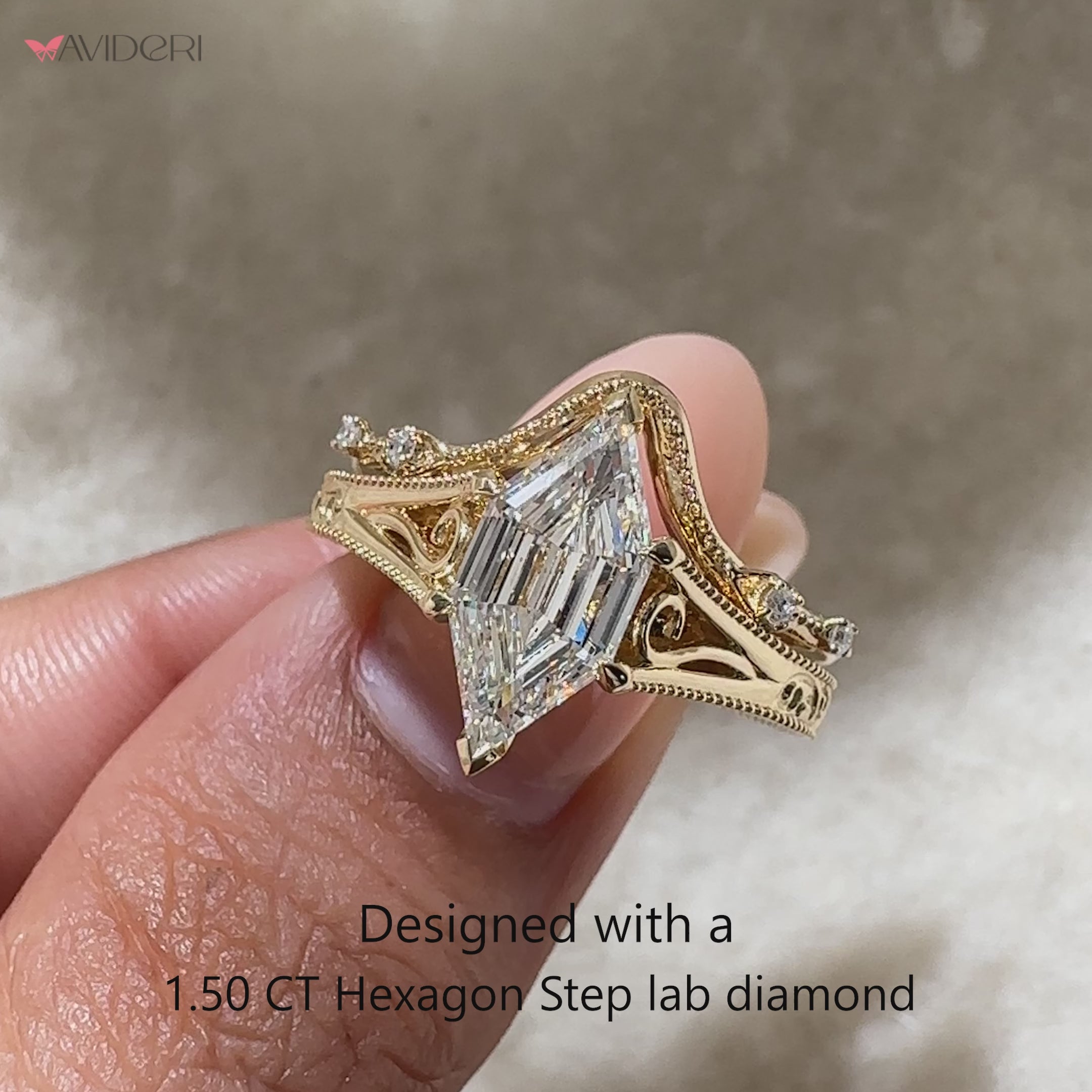Elegant hexagon diamond bridal set design.

