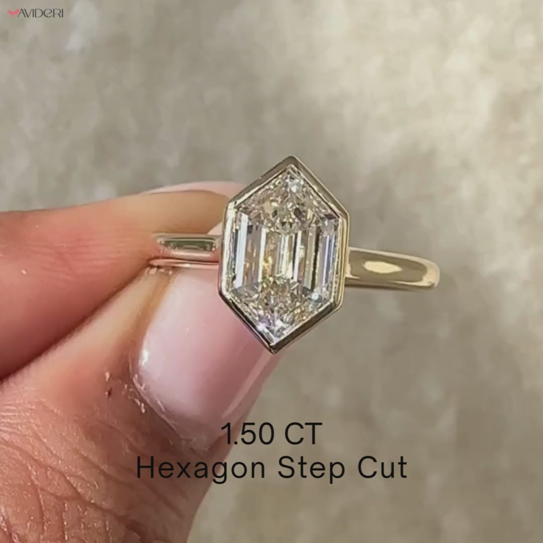 IGI certified ring with hexagon step cut diamond ring.