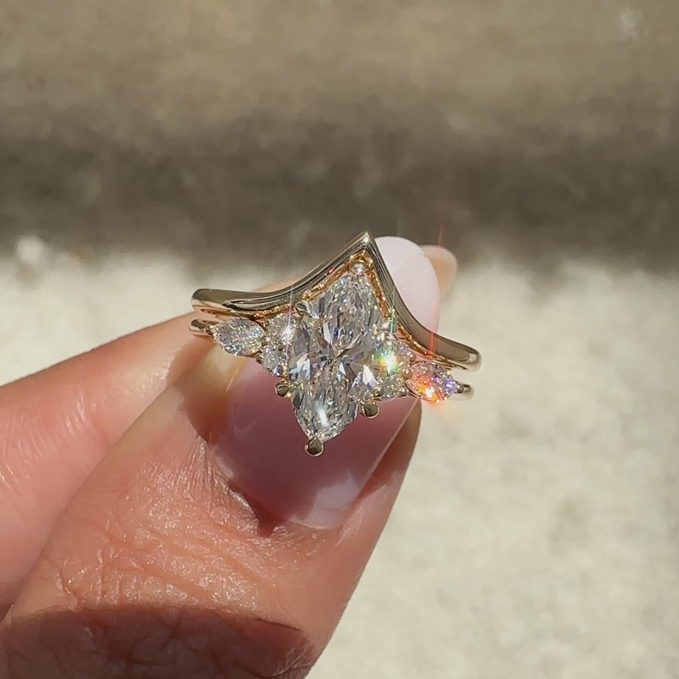 Handmade engagement ring with Chevron wedding band.