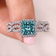 Princess cut bridal set with cyan blue moissanite ring.