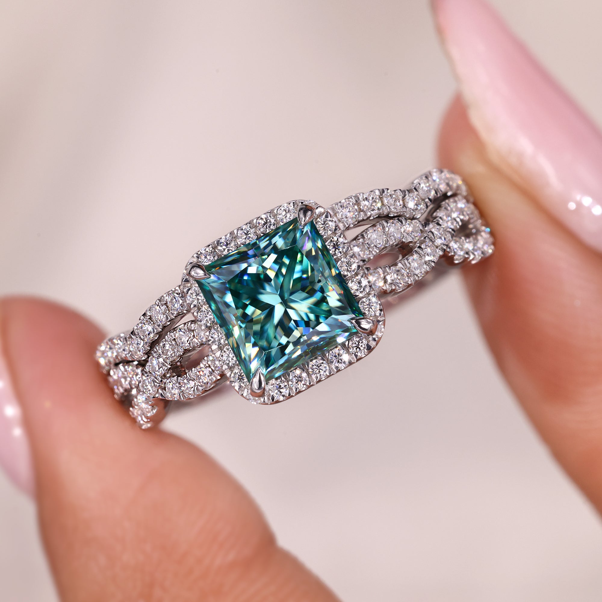 Princess cut bridal set with halo engagement ring.