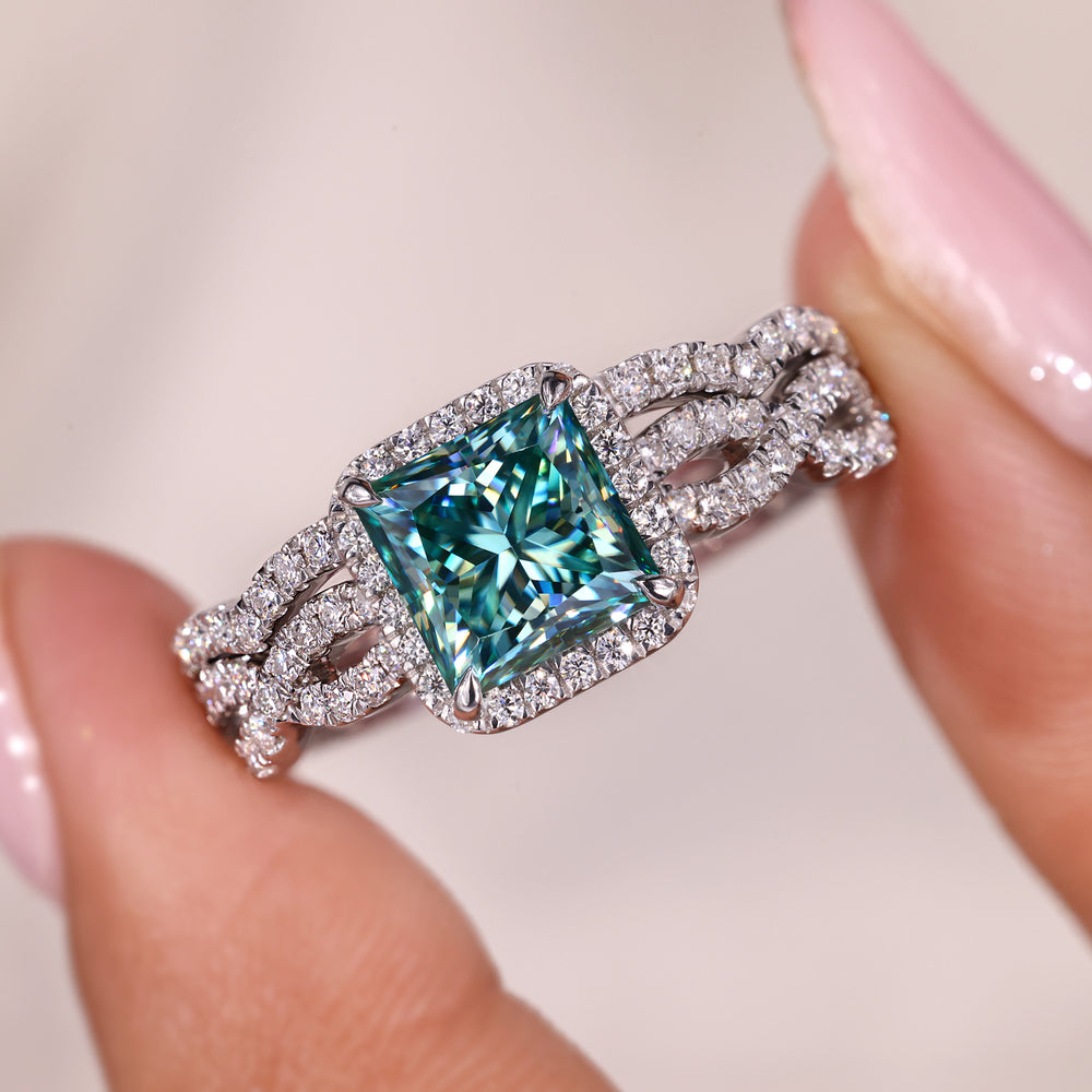 Princess cut bridal set with halo engagement ring.