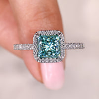 Cyan Blue Princess Moissanite  Ring - Pave Setting