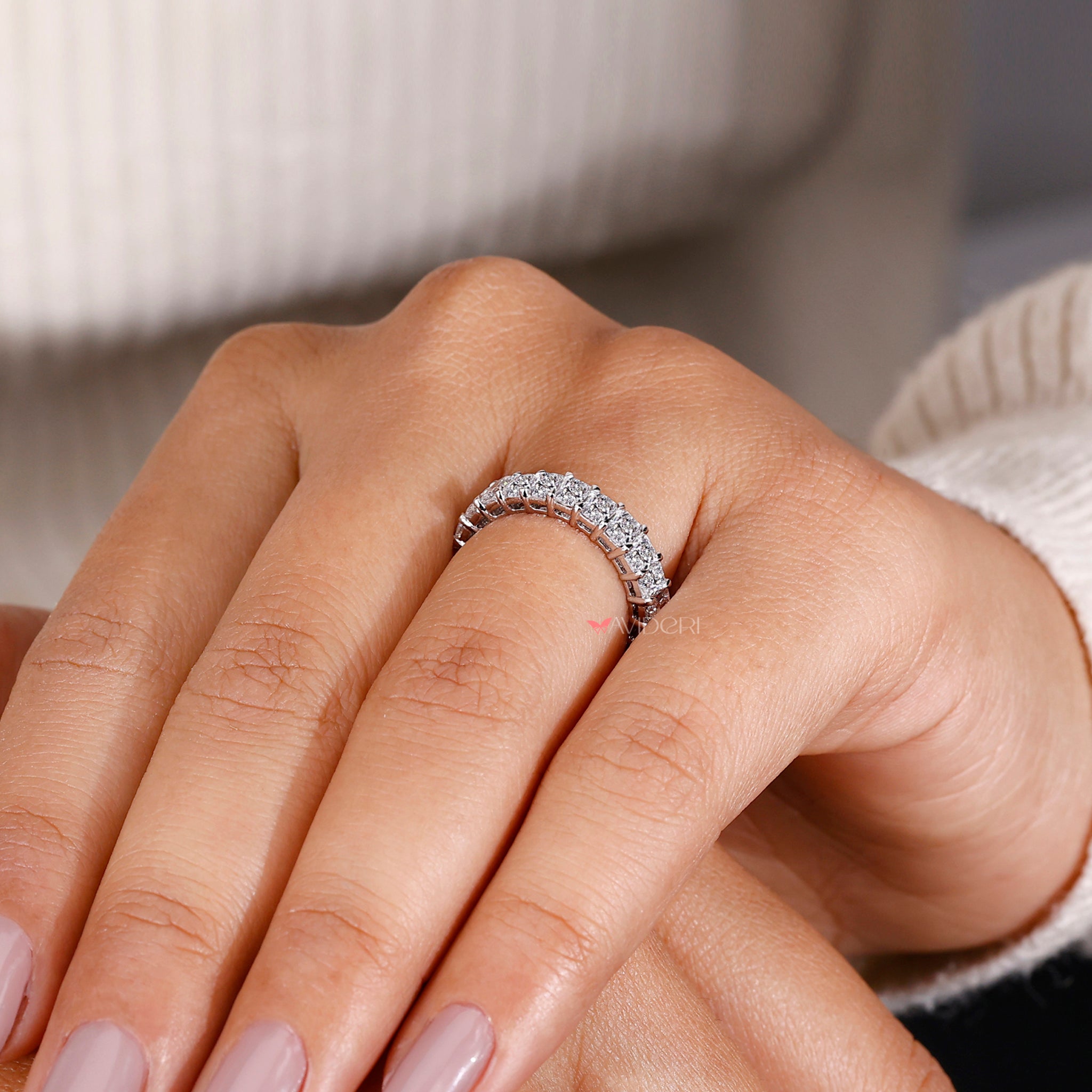 Elegant lab diamond wedding band with eco-friendly diamonds.
