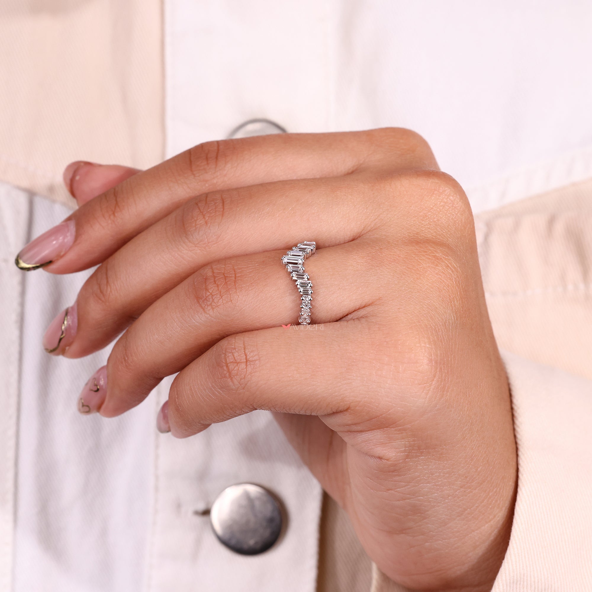 Handmade half eternity wedding band in curved style.
