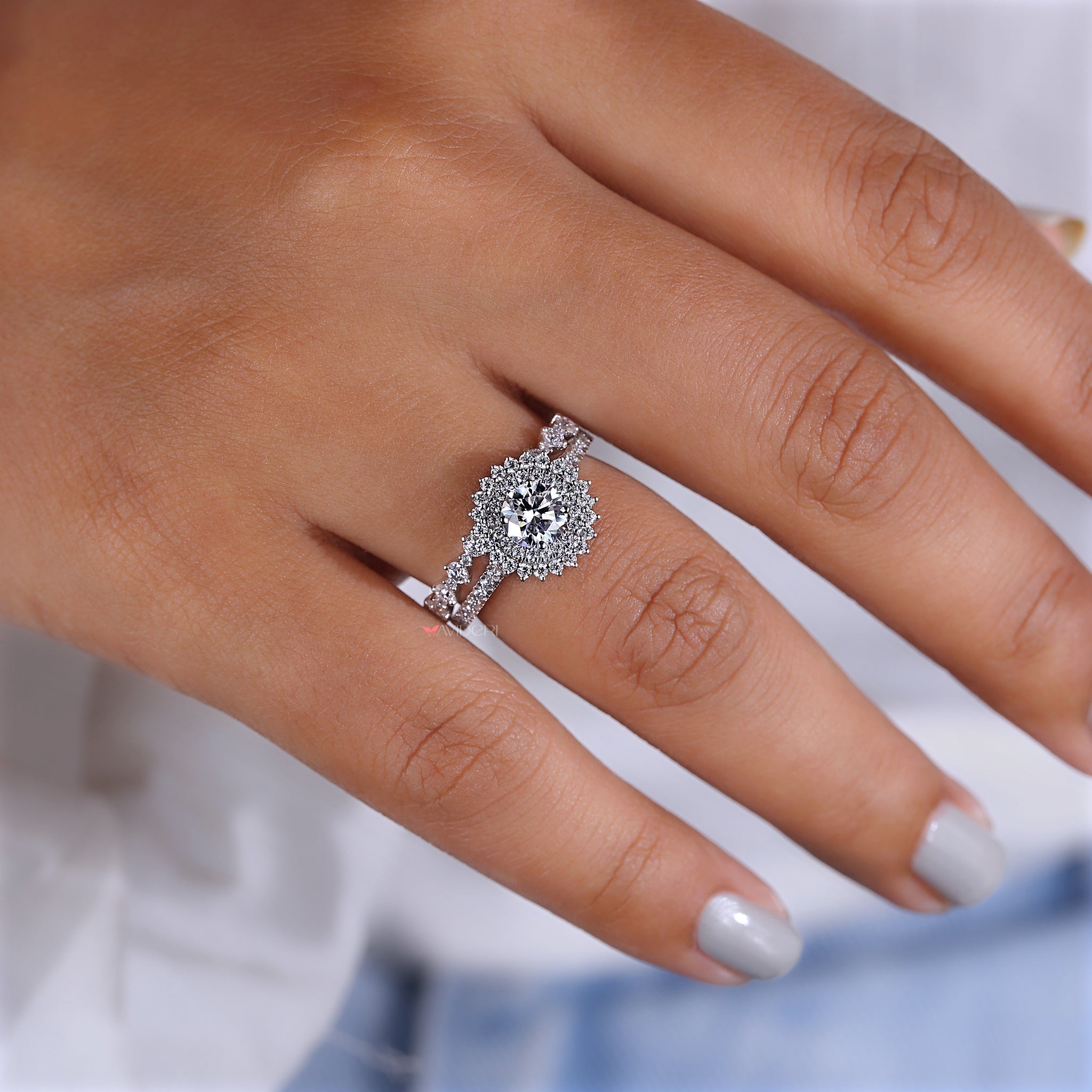 Handmade round moissanite half eternity band.
