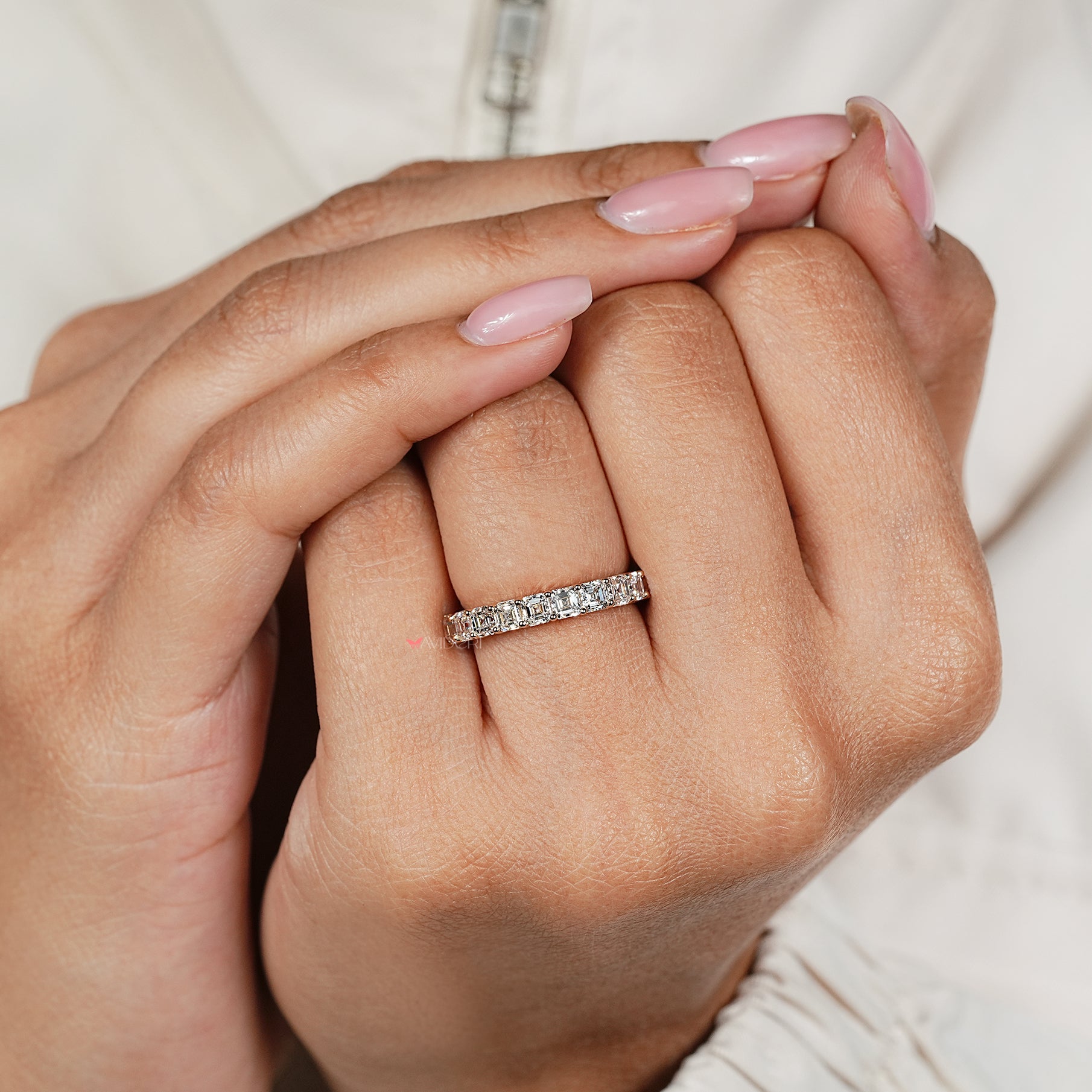 Lab diamond semi eternity band with asscher diamond accents
