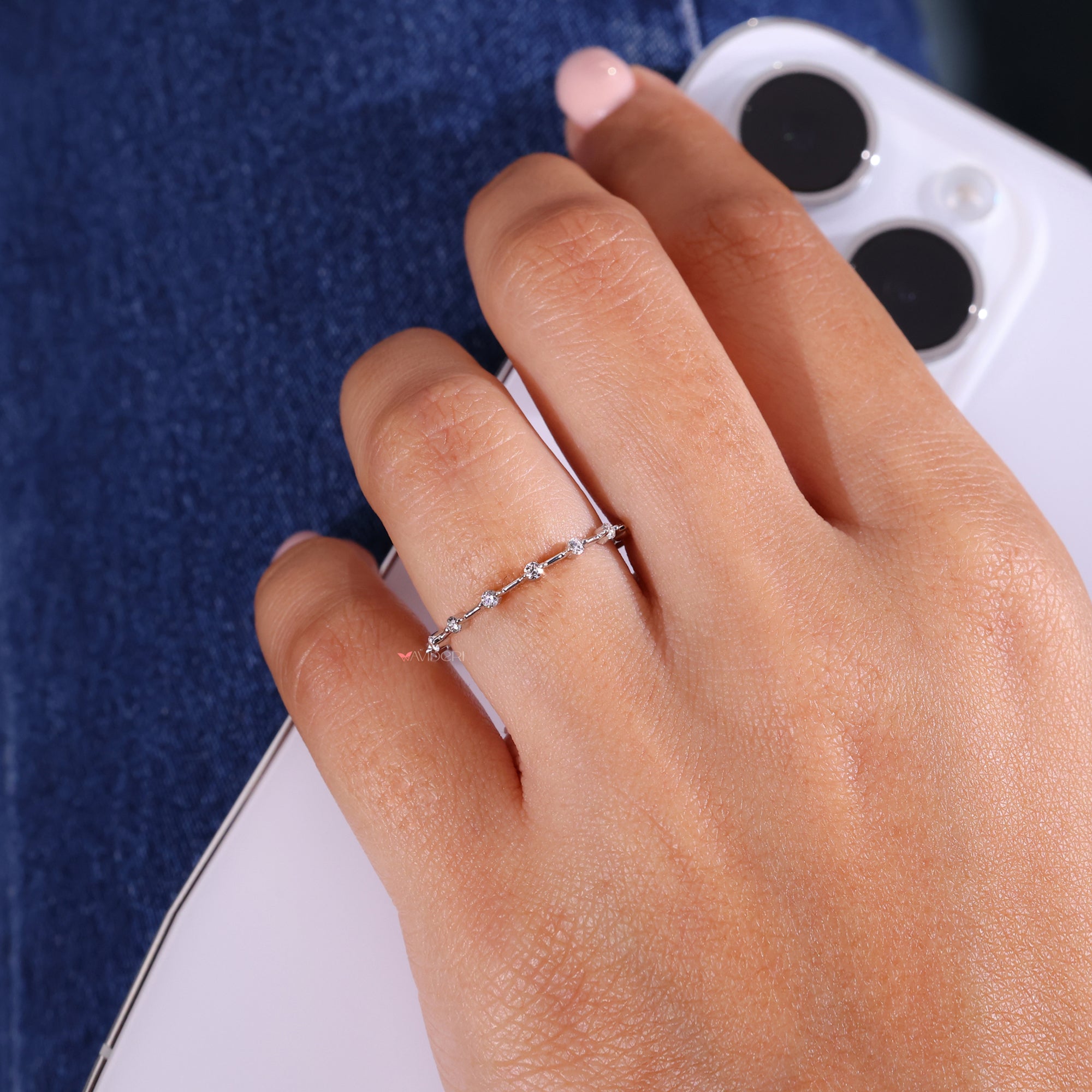 Distance pave setting with white gold band.