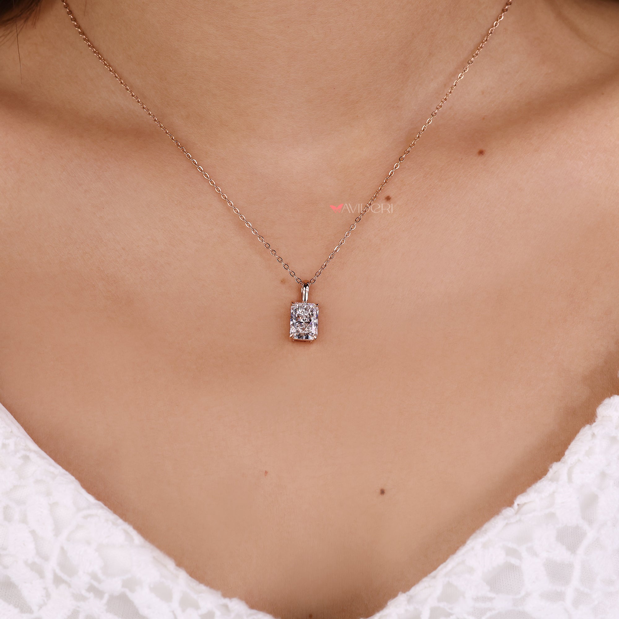 Radiant solitaire pendant on fancy pendants.