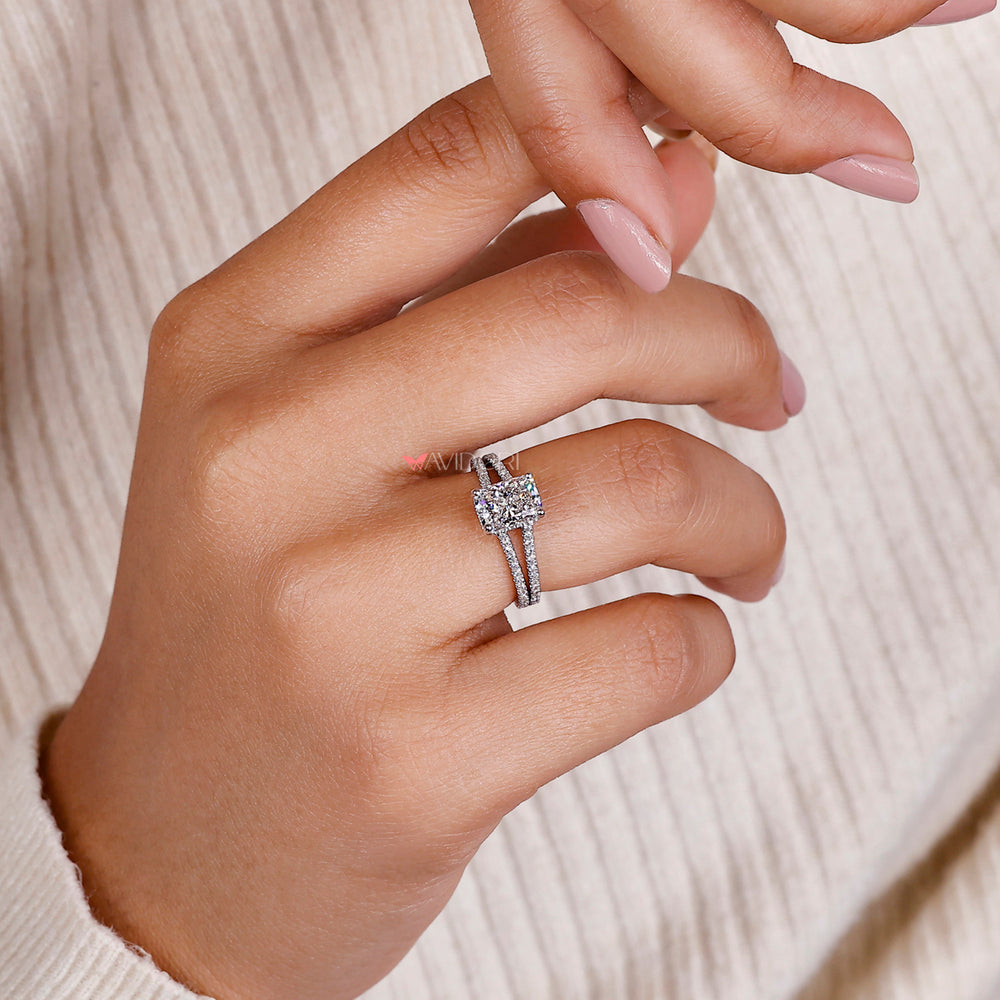 IGI certified radiant cut engagement ring paired with a white gold band.

