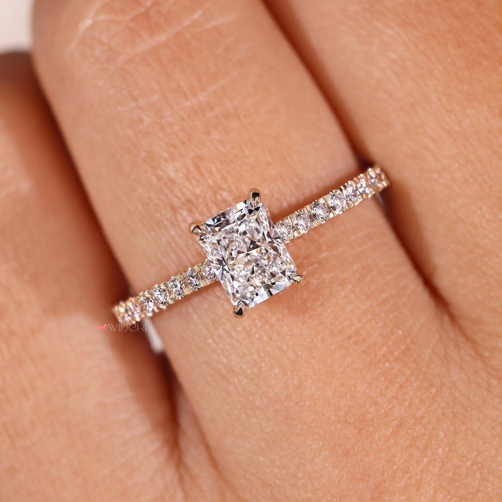 Radiant diamond ring, cathedral setting ring, avideri ring.