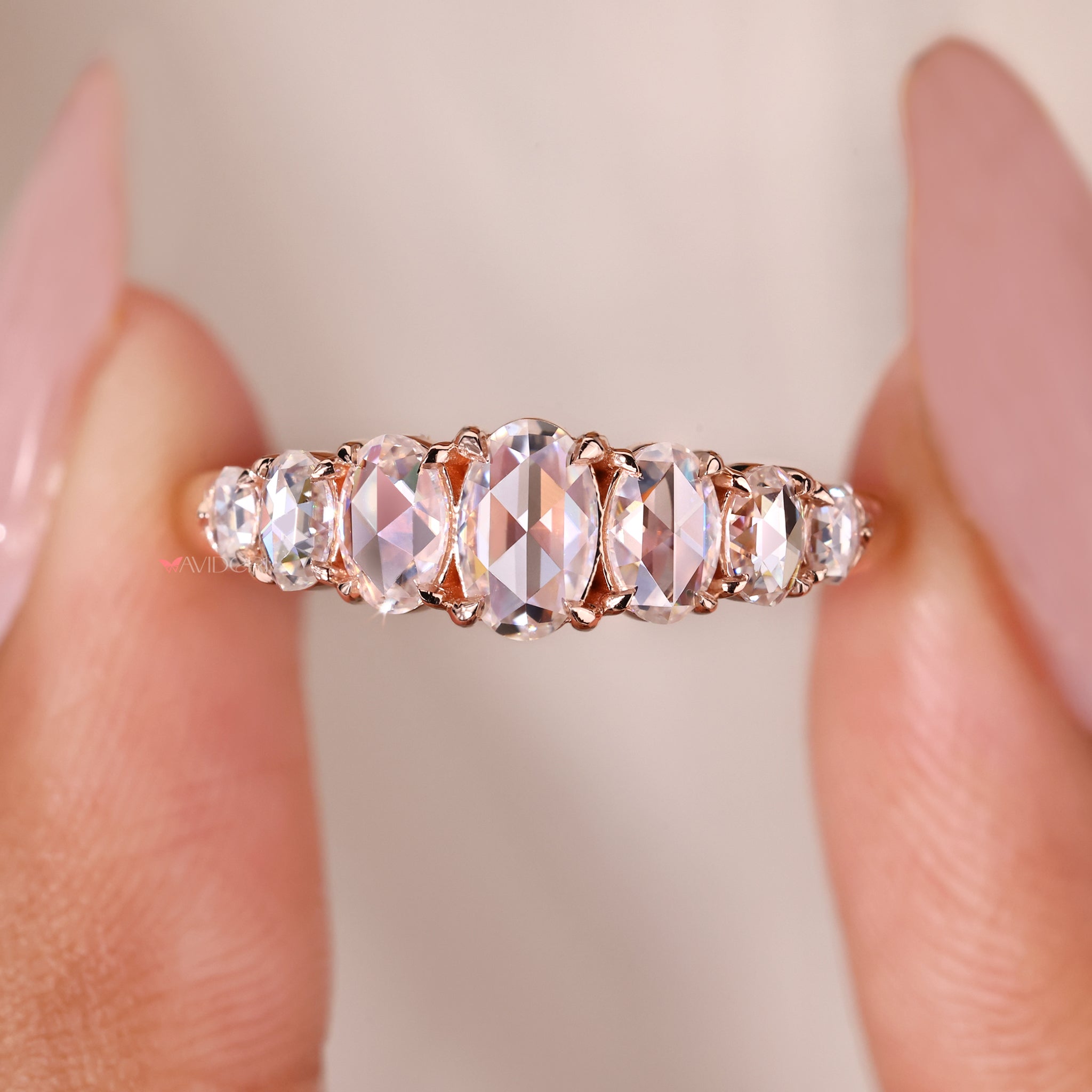 Rose cut wedding band with seven stones for added brilliance.
