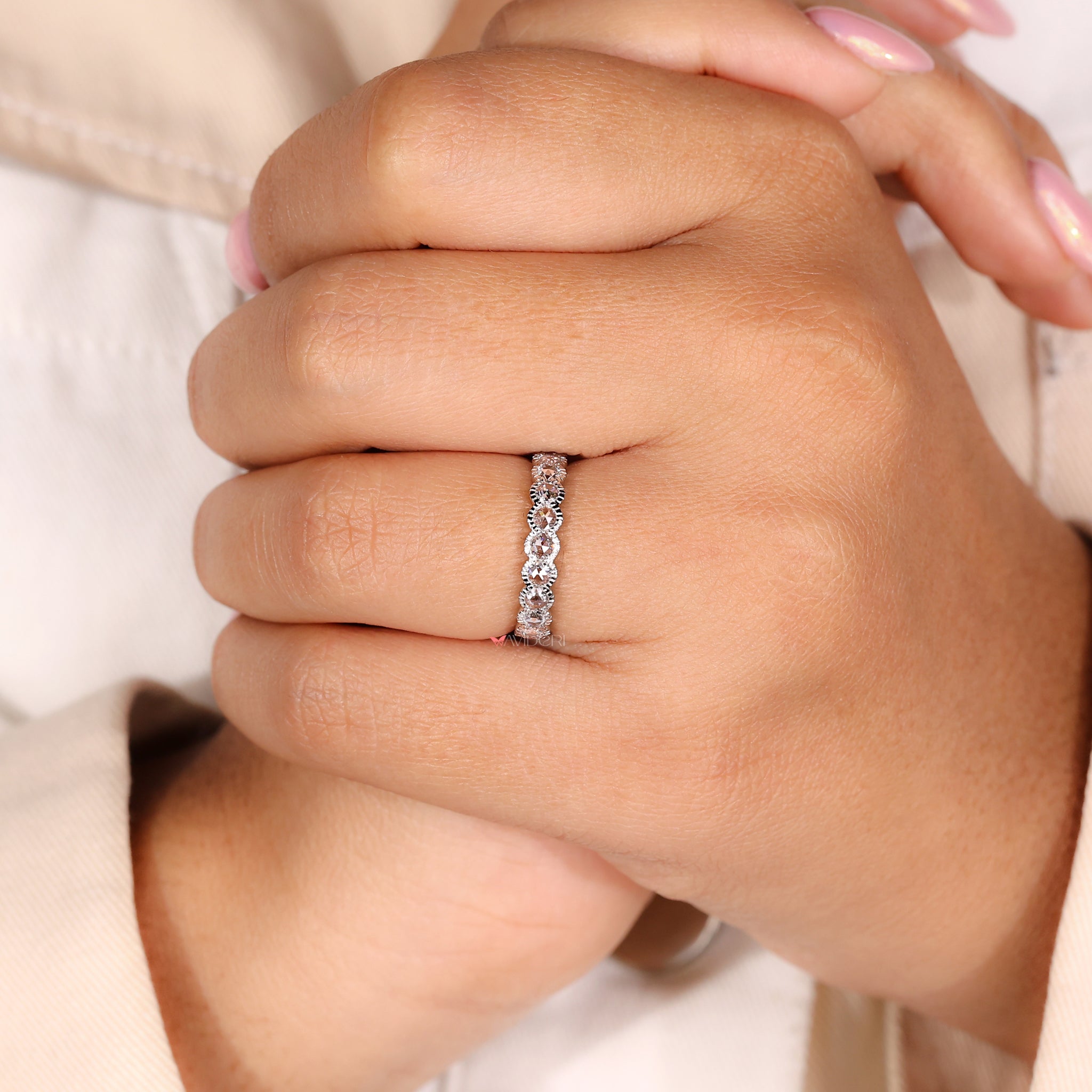 Half eternity wedding band with milgrain design for classic appeal.
